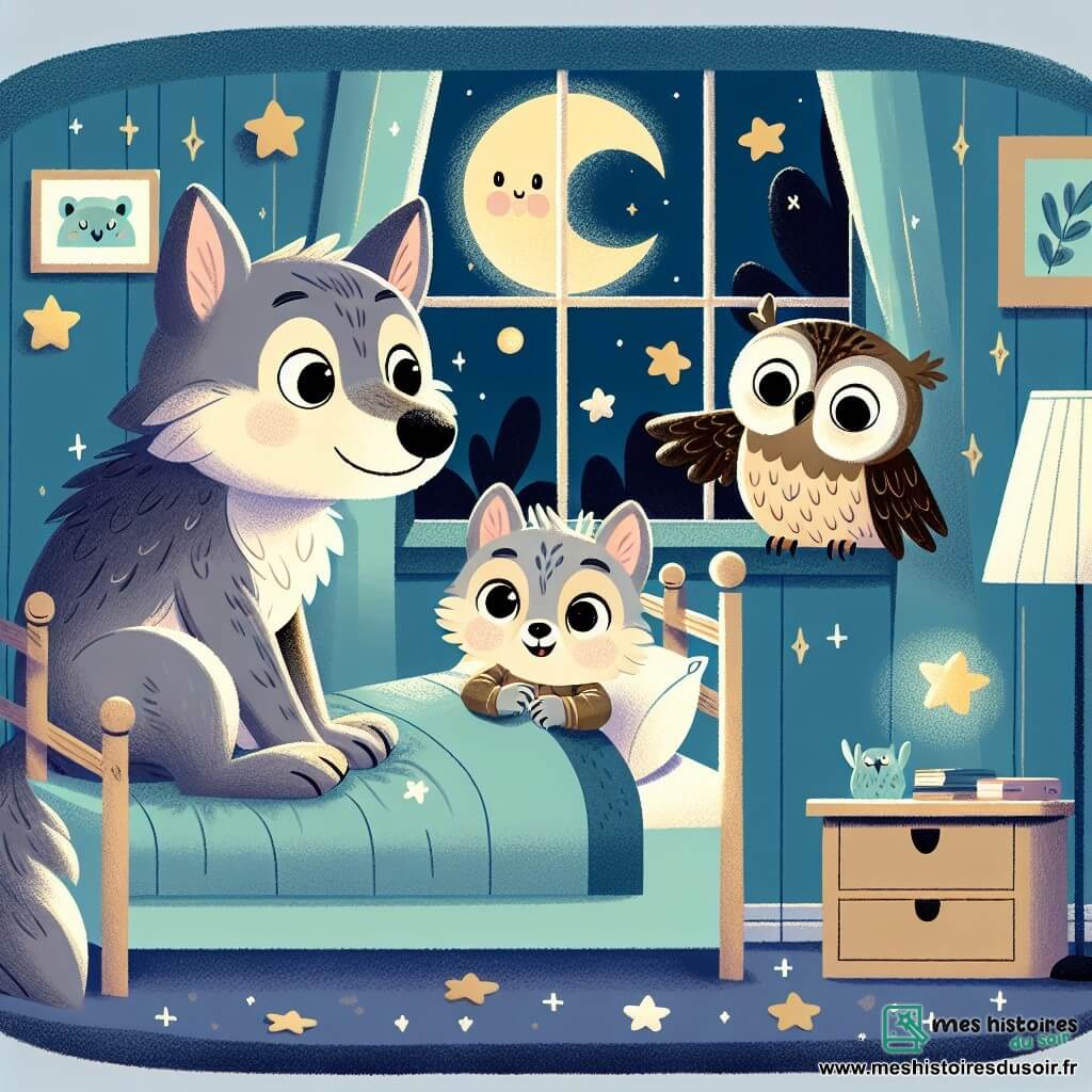 Un petit loup nommé Loulou, avec un pelage gris et des yeux brillants, est allongé dans son lit, souriant légèrement, montrant qu'il commence à surmonter sa peur du noir. À côté de lui, sa maman, une louve au pelage brun clair, le regarde avec tendresse. Dans la fenêtre, un hibou nommé Hiba vole doucement, apportant une ambiance réconfortante. La scène se déroule dans une chambre douillette aux murs bleu nuit, avec des étoiles dorées au plafond et un éclairage lunaire créant des ombres dansantes. Loulou, entouré de sa maman et de Hiba, compte les étoiles, découvrant la magie de la nuit.