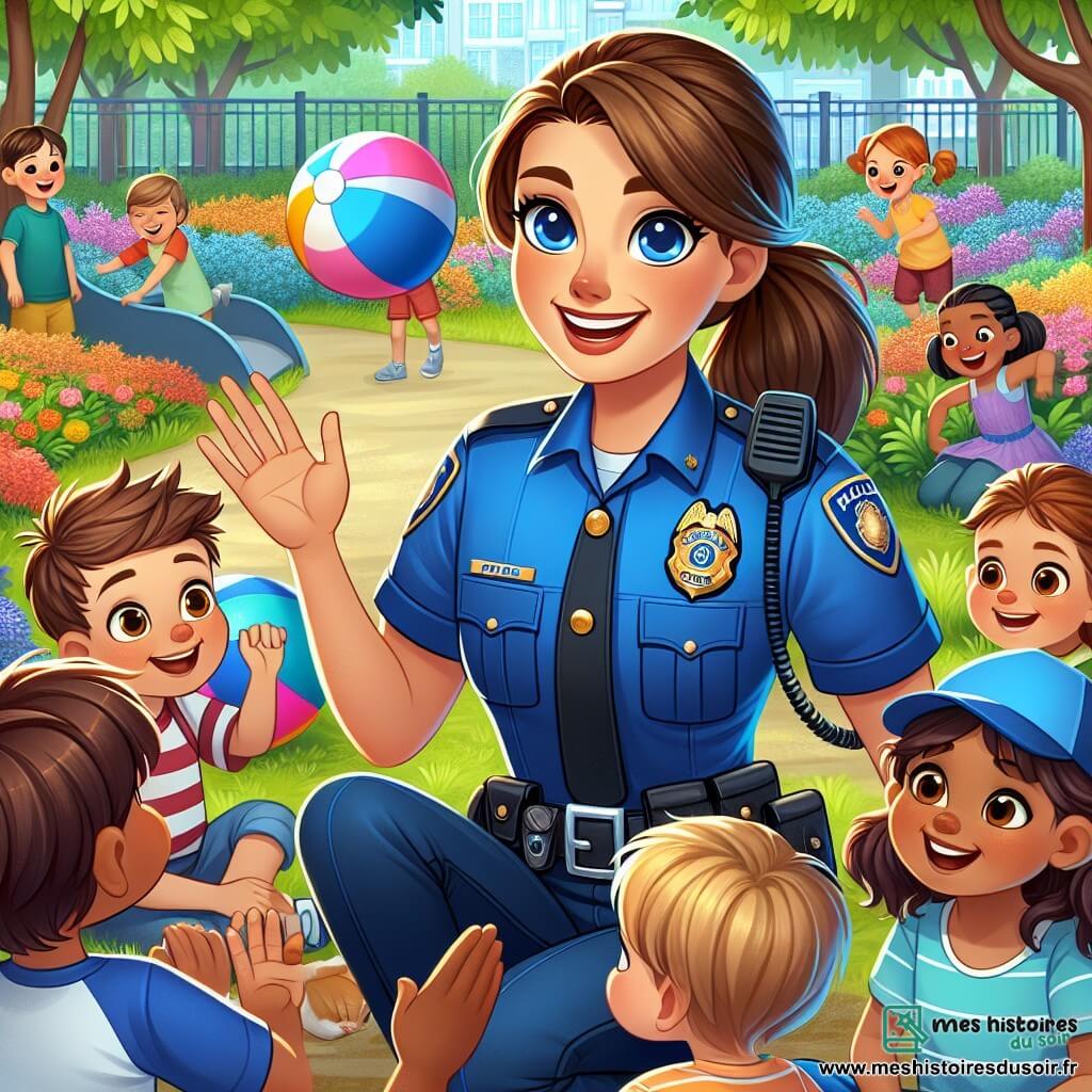 Clara, une policière souriante d'une trentaine d'années avec des cheveux bruns en queue de cheval et un uniforme bleu vif, s'accroupit pour parler à un groupe d'enfants. Parmi eux, Lucas, un petit garçon de 7 ans aux cheveux blonds, lève la main avec enthousiasme, tandis qu'Emma, une petite fille de 6 ans avec des couettes brunes, sourit en tenant une balle colorée. La scène se déroule dans un parc verdoyant avec des arbres, des fleurs et des rires d'enfants. Clara raconte une histoire sur son métier, soulignant l'importance de la sécurité et de l'entraide, tout en encourageant les enfants à rêver de leur avenir.