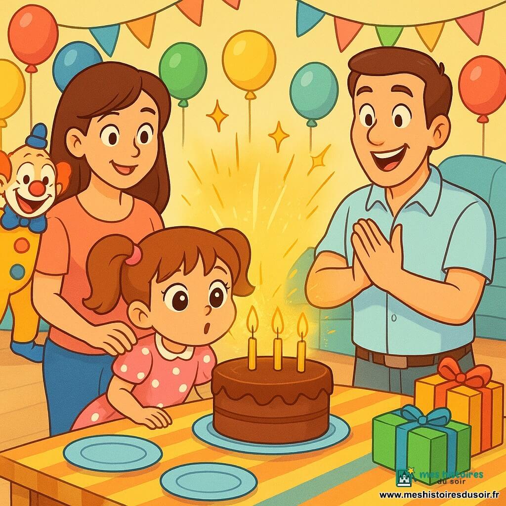 Une fillette de 4 ans aux yeux brillants et en couettes souffle les bougies d'un gâteau au chocolat qui grandit sous des étincelles dorées; sa mère souriante, main sur son épaule à gauche, et son père applaudissant à droite, entourés d'invités surpris et rieurs, tandis qu'un clown en costume jaune et un clown singe coloré font des gestes comiques près du canapé dans un salon lumineux aux murs pastel, décoré de guirlandes, ballons, nappes rayées et cadeaux sur une table en bois.