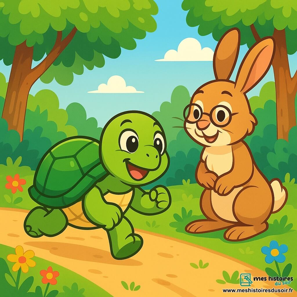 Toto, une tortue à la carapace verte brillante et aux yeux déterminés, court avec enthousiasme sur un chemin de terre, exprimant joie et concentration. À ses côtés, un vieux lièvre sage au pelage brun clair, portant des lunettes rondes, l'encourage avec un sourire bienveillant. La scène se déroule dans une forêt ensoleillée, où de grands arbres forment un dôme vert au-dessus d'eux, et des fleurs colorées ajoutent de la magie. Toto participe à une course excitante, déterminée à prouver sa rapidité, tandis que les autres animaux l'observent avec surprise et admiration.