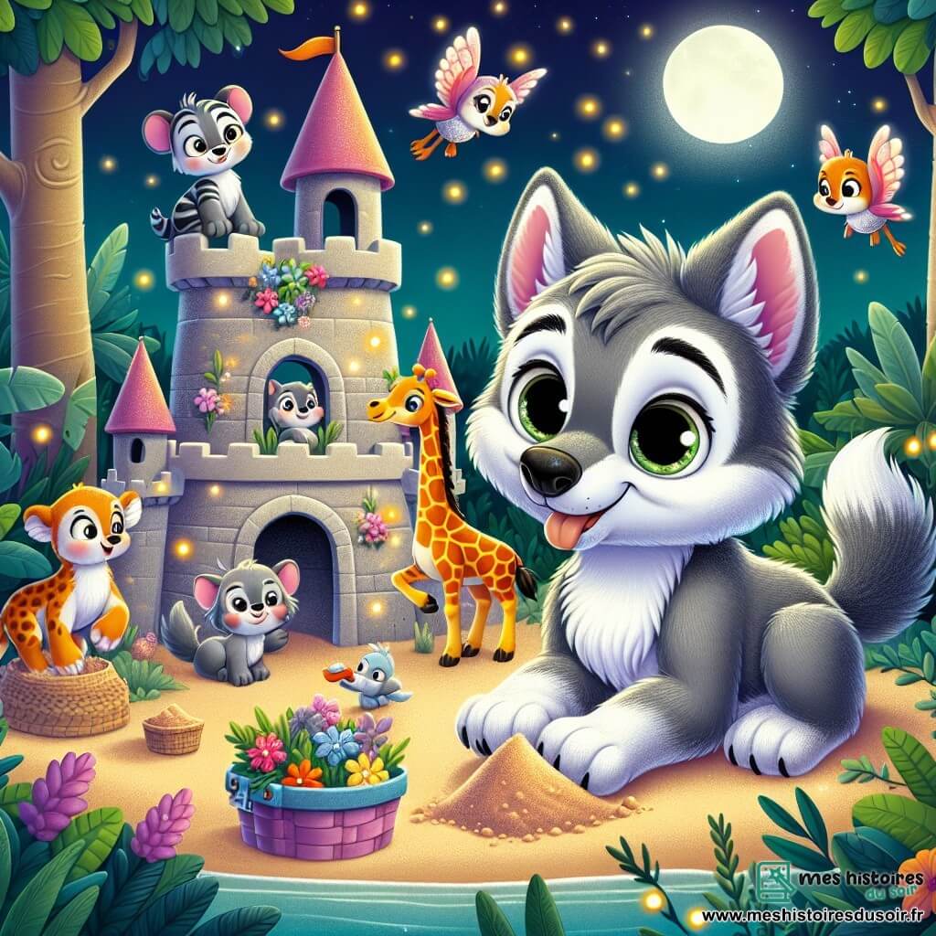 Un jeune loup nommé Loupou, avec un pelage gris et des yeux malicieux, se tient au centre, souriant, les pattes pleines de sable, admirant son château de sable. À sa droite, Gigi, une girafe tachetée, regarde émerveillée, et à gauche, Flammy, un flamant rose, fait des pirouettes joyeuses. En arrière-plan, Pandi, un panda noir et blanc, décore le château avec des fleurs. La scène se déroule dans une piscine nocturne entourée de verdure, illuminée par des lucioles, avec un château de sable orné de coquillages et de fleurs, créant une ambiance festive et amicale.