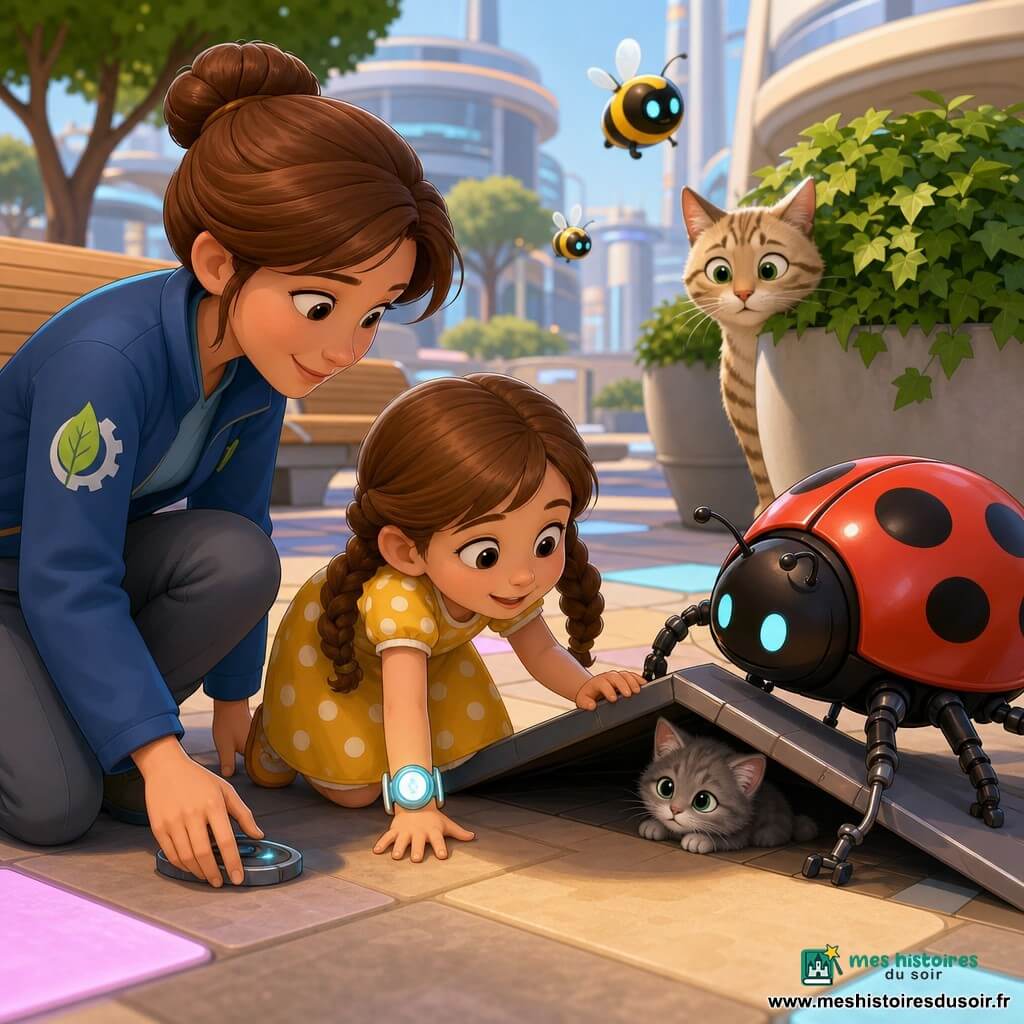 Fille de 6 ans concentrée, tresses brunes, robe jaune à pois, accroupie la main sur une dalle chaude; femme d'une trentaine d'années en veste bleue (logo feuille-et-engrenage) à genoux posant un capteur; robot coccinelle rouge à points noirs soulève délicatement le kiosque plié pour libérer un petit chaton gris timide; une chatte crème tigrée attend derrière un grand pot de lierre; place centrale futuriste aux pavés changeant de couleur, kiosques modulaires pliés, arbres en pots et petits drones abeilles; scène chaleureuse du matin, lumière douce pastel, secours humains et robotisés déployant le kiosque pour sauver le chaton.