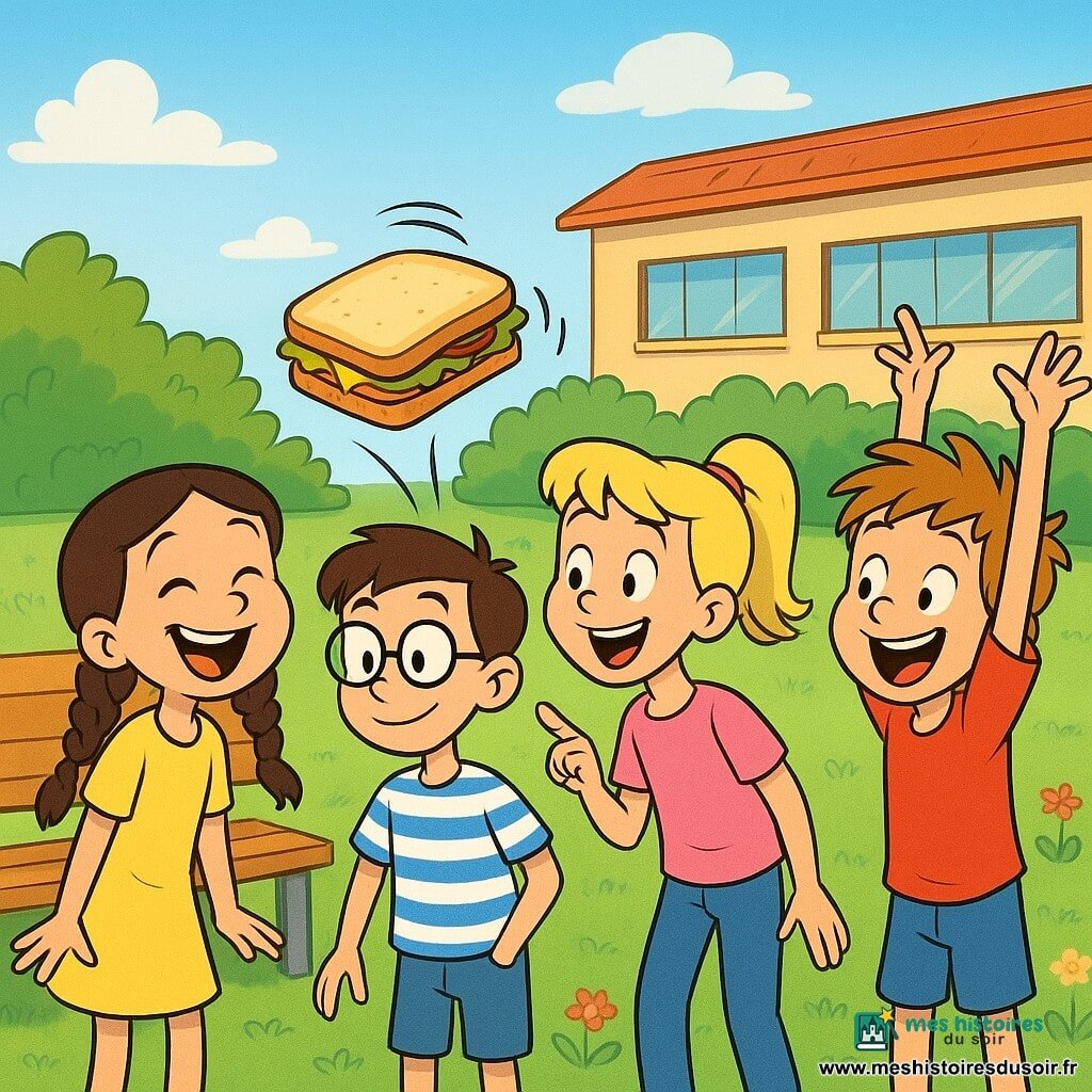 Lina, une fille de 8 ans avec des cheveux bruns en tresses et des yeux pétillants, rit en voyant un sandwich s'échapper. Samir, un garçon de 8 ans avec des lunettes rondes et un t-shirt rayé, compte les rebonds du sandwich en souriant, se tenant à côté de Lina. Zoé, une fille de 8 ans aux cheveux blonds en queue de cheval, montre le sandwich en riant, de l'autre côté de Lina. Hugo, un garçon de 8 ans avec des cheveux ébouriffés et un t-shirt rouge, lève les bras derrière Lina. La scène se passe dans une cour d'école ensoleillée avec un banc en bois, des buissons verts et des fleurs colorées. Le sandwich, enveloppé dans un papier avec un dessin de bouche souriante, rebondit sur l'herbe.