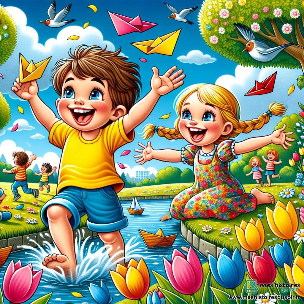 Un garçon de 8 ans nommé Lucas, avec des cheveux bruns en bataille et des yeux pétillants, se tient au bord d'un ruisseau, lançant des bateaux en papier colorés. Il porte un t-shirt jaune et un short bleu, affichant un sourire enthousiaste. À ses côtés, une fille de 7 ans, Emma, avec des cheveux blonds tressés et une robe à fleurs, l'encourage en riant, assise sur l'herbe entourée de tulipes. En arrière-plan, un parc verdoyant avec des arbres en fleurs, des oiseaux chantants et des enfants jouant. La scène montre Lucas et Emma s'amusant à lancer leurs bateaux, capturant l'esprit joyeux du printemps.
