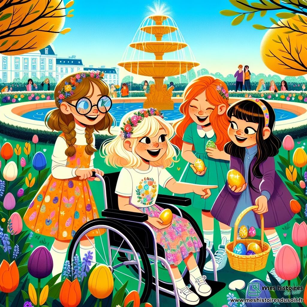 Dans un parc ensoleillé, quatre amies participent à une chasse aux œufs de Pâques. Lucy, 10 ans, est assise dans son fauteuil roulant, souriant avec un œuf doré. Sarah, debout à côté d'elle, a des cheveux blonds en tresses et pointe vers un buisson. Emma, légèrement en retrait avec des cheveux roux et un t-shirt à motifs de lapins, rit en tenant un panier d'œufs en chocolat. Clara, accroupie près d'une fleur dorée, examine un indice caché. Le parc est coloré avec des tulipes, une fontaine et des décorations de Pâques. Les amies découvrent un œuf doré et un parchemin les invitant à suivre un chemin secret pour un trésor caché.