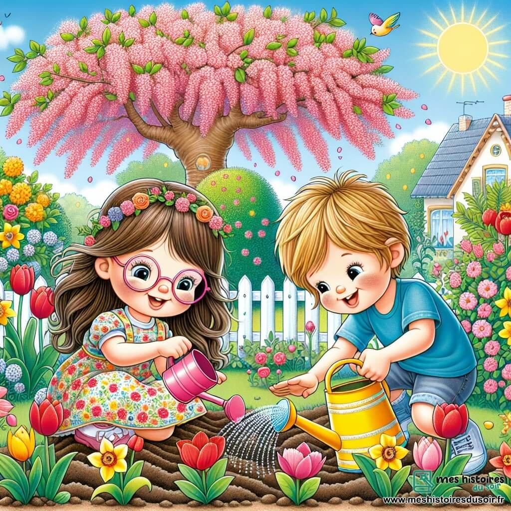 Dans un jardin ensoleillé, deux enfants, Léa et Romain, plantent des graines. Léa, 7 ans, avec de longs cheveux bruns et des lunettes rondes, utilise une petite pelle rose, tandis que Romain, 6 ans, avec des cheveux blonds en bataille et un t-shirt bleu, arrose les graines avec un arrosoir jaune. Le jardin est rempli de fleurs éclatantes, comme des tulipes rouges et des jonquilles jaunes, avec un grand cerisier en fleurs au fond. Ils chantent joyeusement en arrosant les graines, impatients de voir les fleurs pousser.