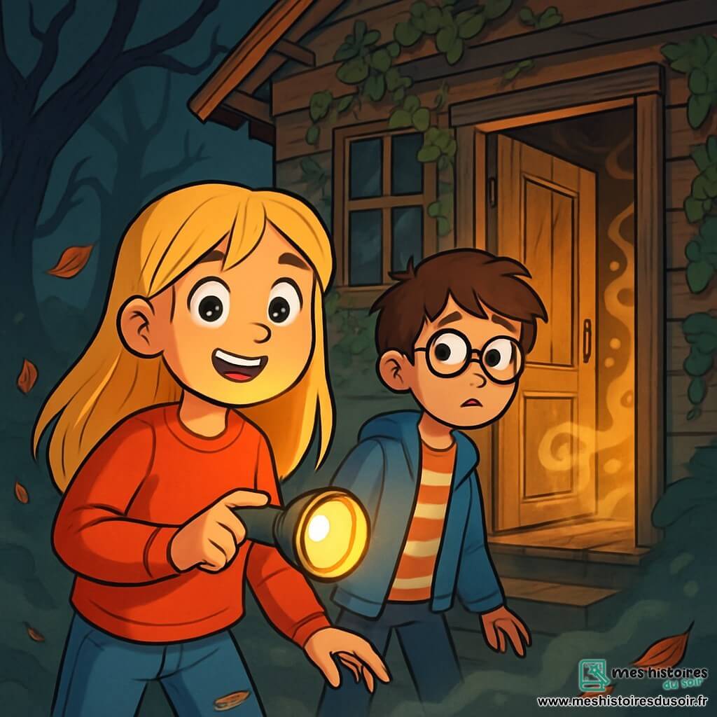 Léa, une fille de 10 ans aux longs cheveux blonds et aux yeux pétillants, porte un pull rouge et un jean déchiré, tenant une lampe torche qui éclaire son visage curieux. Elle se tient devant la porte d'une vieille maison en bois, prête à entrer. Hugo, un garçon de 10 ans avec des cheveux bruns en bataille et des lunettes rondes, est légèrement en retrait, fasciné et nerveux. La maison, décrépite avec des murs couverts de lierre et des fenêtres poussiéreuses, laisse échapper une lumière mystérieuse par sa porte entrouverte. Des arbres aux branches tordues créent une atmosphère sombre, tandis que des feuilles mortes tourbillonnent. Léa et Hugo sont prêts à entrer dans l'inconnu, entourés de murmures mystérieux et d'une légère brume qui ajoute une touche de magie à leur aventure.