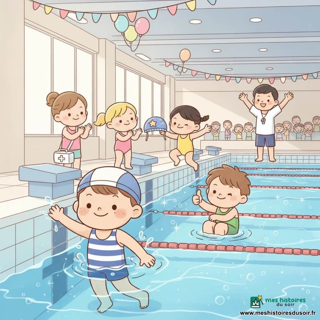 Tom, 6 ans, visage rond, cheveux châtains courts, taches de rousseur, maillot bleu et blanc et bonnet de travers, touche la ligne d’arrivée dans une grande piscine intérieure, eau aux épaules, sourire soulagé ; autour de lui ses amis : Léa (6 ans) rieuse en couette et maillot rose applaudissant, Maxime (6 ans) confiant en maillot vert faisant un clin d’œil et levant le pouce, Zoé (6 ans) douce en tresse et maillot jaune sautillant et offrant un bonnet ; le moniteur Hugo (≈30 ans) encourage avec un large sourire et un sifflet, la maman (≈30 ans) regarde fièrement depuis le bord avec une trousse de premiers soins ; ambiance festive avec lignes de couloir rouges et blanches, bulles et éclaboussures, banderoles et ballons pastel, tribune de parents applaudissant et lumière douce filtrant par de grandes fenêtres.
