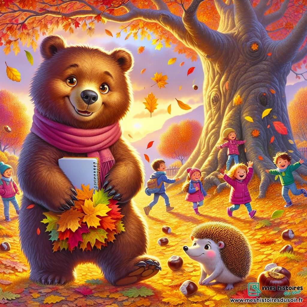 Barnabé l’ours, un grand ours brun souriant, se tient au centre d’un parc en automne, entouré de feuilles dorées et rouges. Joyeux et curieux, il tient un carnet et un crayon, prêt à dessiner la nature. À côté de lui, Fripouille le hérisson, avec ses piquants dorés, roule une boule de feuilles colorées, cherchant les meilleures pour son lit d’hiver. Des enfants rient et jouent, ramassant des marrons et fabriquant des couronnes de feuilles, ajoutant de la gaieté à la scène. Le parc, avec un grand chêne, des buissons touffus et un ciel orangé et violet, crée une ambiance chaleureuse et joyeuse.
