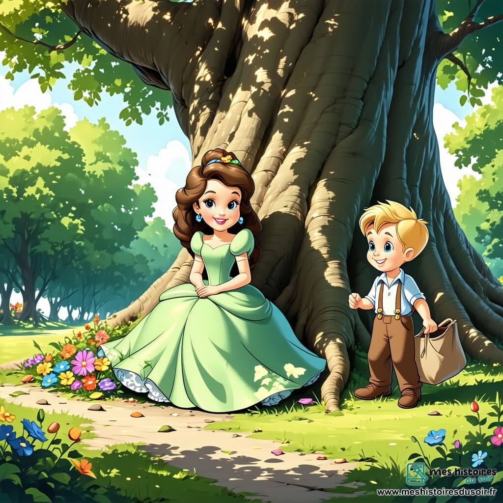 Cendrillon, une jeune fille de 12 ans aux cheveux châtains bouclés, porte une robe légère en tissu vert émeraude, ornée de fleurs colorées. Elle sourit, assise au pied d'un chêne dans une clairière ensoleillée. À ses côtés, un petit garçon de 10 ans, aux cheveux blonds, tient un sac en toile rempli de déchets qu'il vient de ramasser, affichant une expression joyeuse. Un groupe d'enfants les entoure, riant et jouant, avec des outils de jardinage ou des sacs pour ramasser les déchets. La clairière est baignée de lumière dorée, avec des fleurs dansant sous la brise, des oiseaux chantant et une rivière scintillante à proximité. Cendrillon et ses amis nettoient la rivière, souriants et engagés, tandis qu'une pierre brillante émerge de l'eau, symbolisant la magie de la forêt.