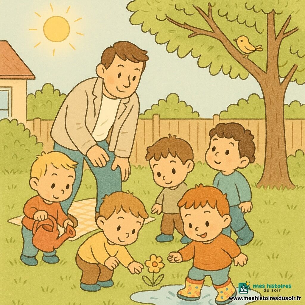 Cinq personnages dans un petit jardin de maison au matin : Papa, homme aux cheveux bruns courts et veste claire, sourit et aide Tom à enfiler ses bottes ; Léo, blond d’un an, arrose une fleur avec un petit arrosoir rouge à gauche ; Noé, châtain d’un an, touche une petite fleur jaune devant Papa ; Sami, noir aux cheveux bouclés d’un an, regarde un oiseau dans l’arbre à droite de Noé ; Tom, roux d’un an, porte des bottes colorées et saute dans une flaque brillante sous un grand arbre, le tout dans des couleurs douces, traits ronds et expressions joyeuses.