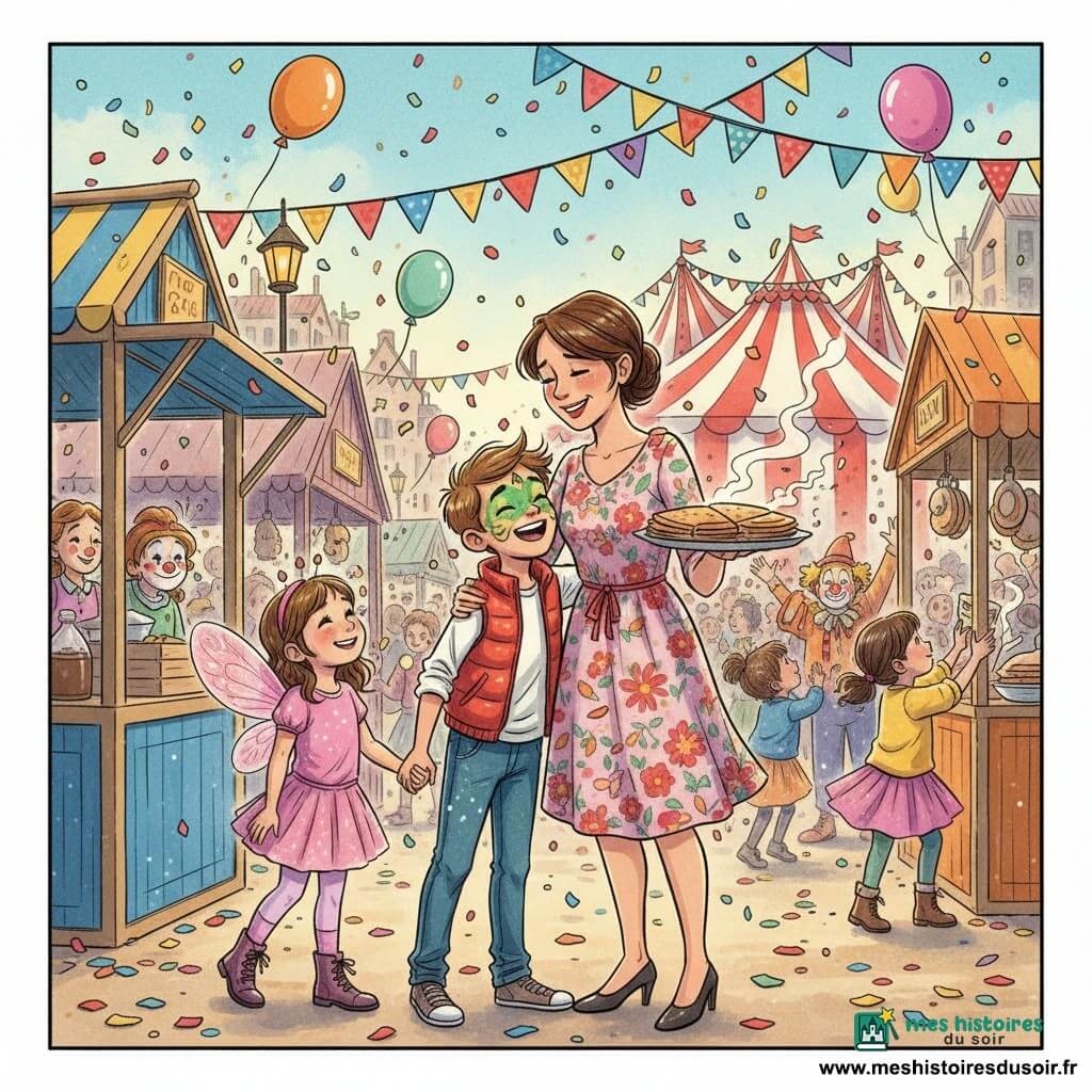 Un garçon de 8 ans au visage peint en dragon vert et doré serre sa maman dans ses bras, souriant, vêtu d’un gilet rouge et d’un jean taché de confettis; à ses côtés Lola, 7 ans, déguisée en fée aux ailes roses scintillantes, tient sa main en souriant; la maman, une femme d’environ 30–35 ans aux cheveux bruns attachés et portant une robe à fleurs, émue, tient un plateau de crêpes fumantes; scène de retrouvailles joyeuses dans une rue de carnaval bondée aux stands bleus et jaunes, guirlandes et ballons, confettis flottants, lumières chaudes et grand chapiteau en arrière-plan, ambiance festive avec un clown et des enfants qui dansent.