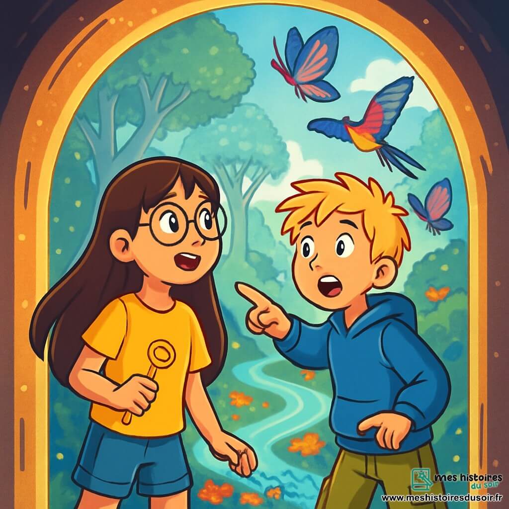 Léna, une fille de 11 ans avec de longs cheveux bruns et des lunettes rondes, porte un t-shirt jaune vif et un short en jean. Elle tient une clé dorée et regarde avec émerveillement un tunnel lumineux. Mathis, un garçon de 11 ans aux cheveux blonds en bataille et aux taches de rousseur, porte un sweat à capuche bleu et un pantalon cargo. Il se tient à côté d'elle, les yeux écarquillés, pointant vers un monde magique. Ce tunnel scintillant mène à un paysage fantastique avec des arbres géants aux feuilles argentées et une rivière de lumière. Des créatures magiques volent autour d'eux. Léna et Mathis, émerveillés, découvrent cet univers rempli de surprises après avoir ouvert une porte mystérieuse.