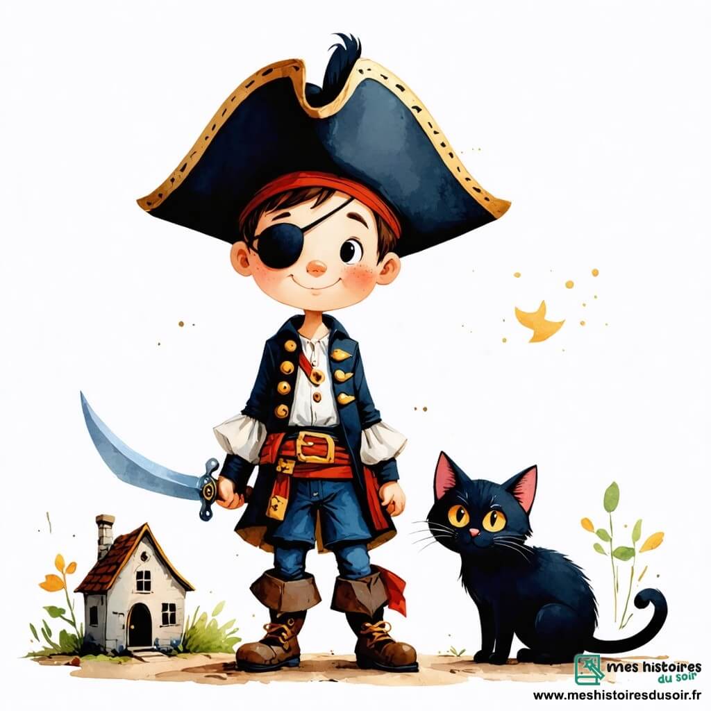 Un garçon de 5 ans, Antoine, est déguisé en pirate avec un chapeau noir, un cache-œil et une épée en carton. Son visage souriant et ses yeux pétillants d'excitation se tiennent devant une maison abandonnée. À ses côtés, un chat noir se frotte contre sa jambe, curieux et espiègle. La scène se déroule devant une maison hantée aux murs décrépits, avec des fenêtres brisées et une porte grinçante. Des ombres dansent sur les murs, créant une atmosphère mystérieuse. Antoine, prêt à entrer dans l'inconnu, est observé par le chat, comme s'ils s'apprêtaient à vivre de grandes aventures.