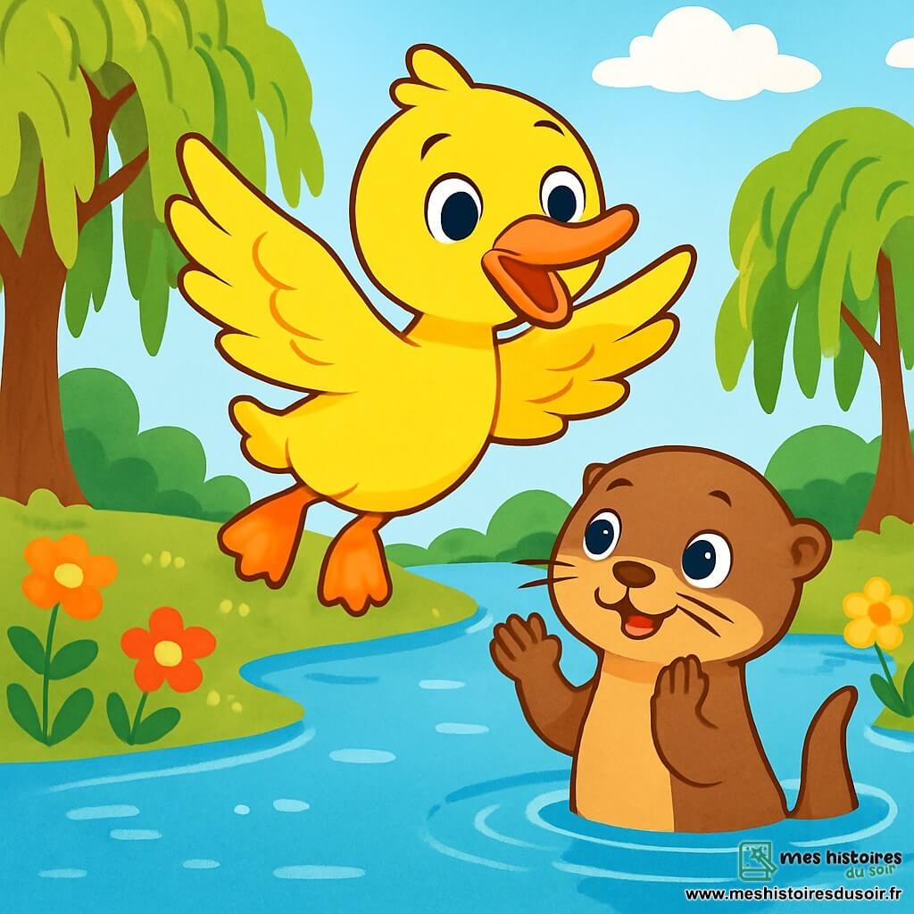 Un canard nommé Plume, avec un plumage jaune éclatant et un petit bec orange, vole joyeusement au-dessus d'un lac scintillant, ses yeux brillants de bonheur. À ses côtés, Lila la loutre, avec son pelage brun doux et ses grands yeux curieux, nage en applaudissant. Le décor est enchanteur, avec des saules pleureurs, des fleurs colorées dansant au vent et un ciel bleu parsemé de nuages. La scène capture le moment magique où Plume réalise son rêve de voler, entouré de la beauté de la nature et de l'amitié.