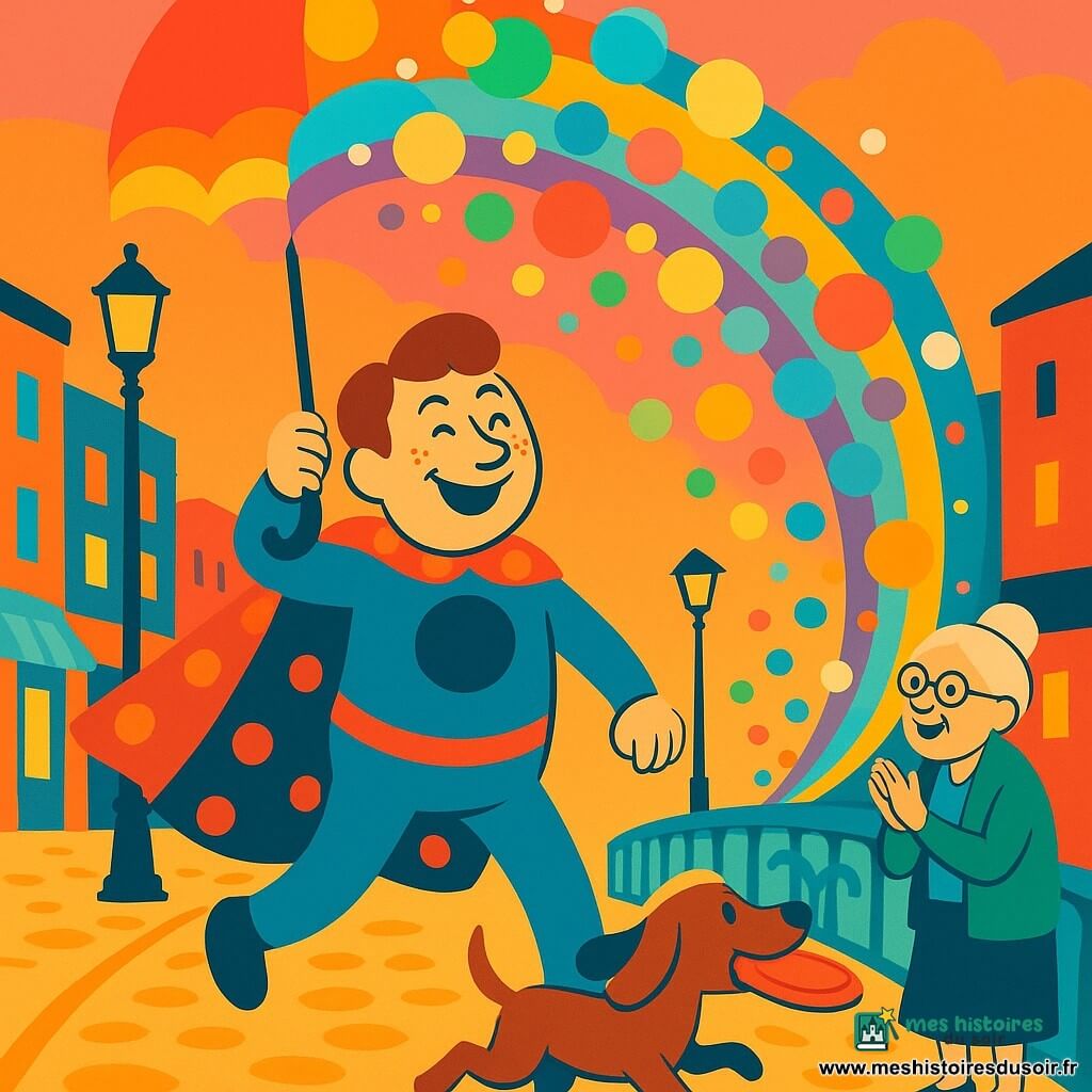 Super Fripouille, sourire malicieux, visage rond et taches de rousseur, cape à pois rouges et parapluie-bouclier scintillant qui souffle des bulles colorées formant un arc-en-ciel autour de lui; un petit chien aux longues oreilles tient un frisbee rouge et danse sur la pointe des pattes à ses côtés; une grand-mère aux cheveux gris en chignon et lunettes ronde applaudit depuis le bord du pont piéton de Rigolaville, à rambarde turquoise et pavés jaunes, boutiques colorées et lampadaires rétro sous un ciel rose-orangé; ambiance festive, enfants et passants émerveillés, contrastes vifs, formes simples et palette saturée.