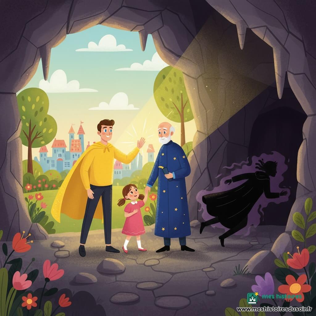 Super Luminor, visage souriant et yeux bleus, rayonne d’une lumière jaune dorée et tend la main pour guider Lily, une fillette de six ans en robe rose aux couettes châtaines, vers la sortie d’une grotte aux roches grises et stalactites, tandis que le Sorcier Sombre, manteau noir et ombres violettes, recule vers l’obscurité; Monsieur Étoile, silhouette sage en manteau bleu nuit avec petites étoiles dorées, observe fièrement à l’entrée; devant la grotte, fleurs multicolores, arbres aux feuilles rondes et ouverture sur une ville colorée, ciel pastel, fort contraste intérieur sombre/lumière chaude, composition simple, formes nettes, couleurs plates et traits doux adaptés aux tout-petits.