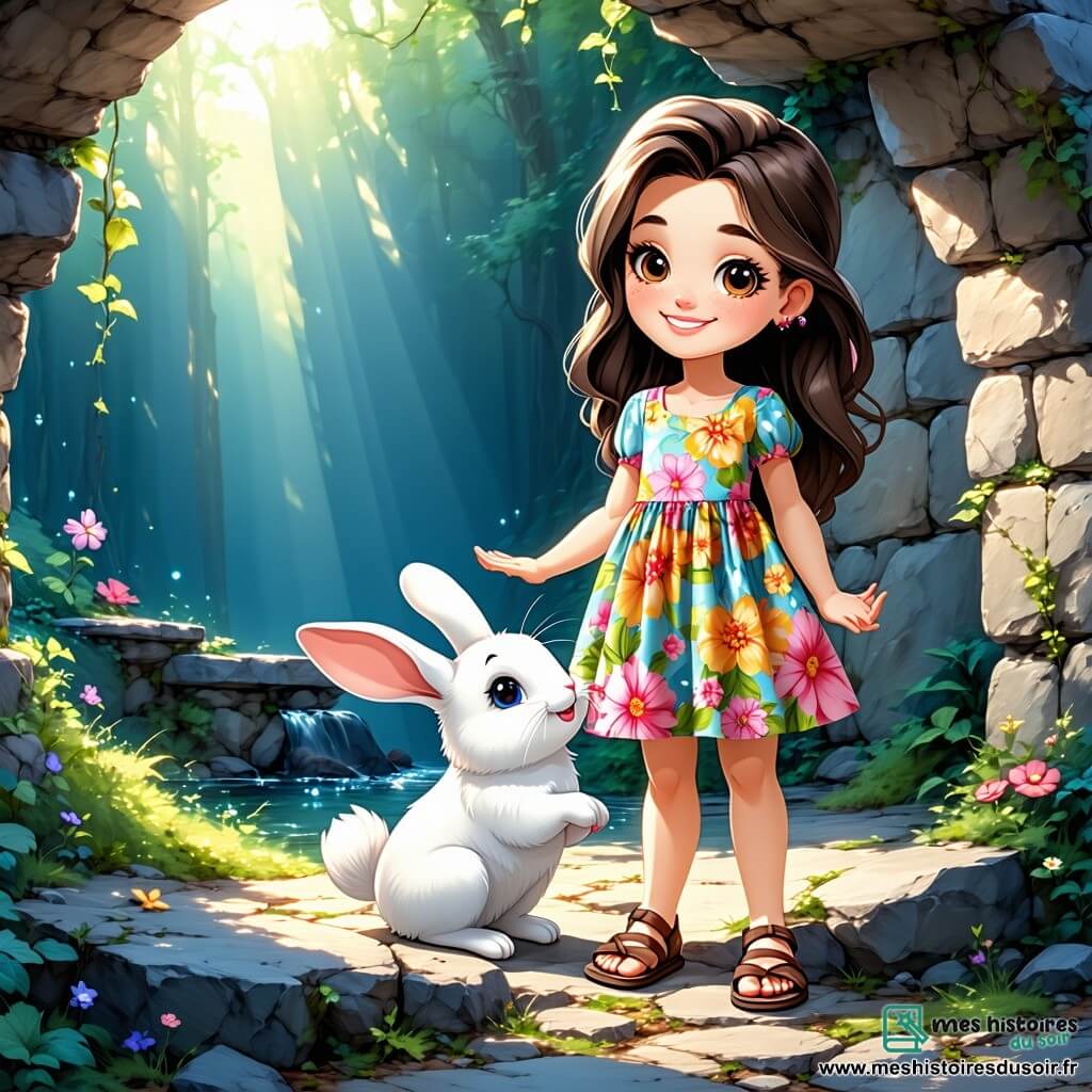 Une fille de 11 ans, nommée Emma, se tient au bord d'un vieux puits de pierre, émerveillée et curieuse. Elle a de longs cheveux bruns et porte une robe colorée à fleurs. À ses côtés se trouve Gustave, un lapin blanc aux yeux pétillants, qui semble l'inviter à entrer dans un monde magique. Derrière elle, Biscuit, un golden retriever joyeux, remue la queue, prêt pour l'aventure. Le jardin est rempli de fleurs éclatantes, et des rayons de soleil filtrent à travers les arbres fruitiers. Emma découvre un coffre en bois caché près du puits, contenant une carte ancienne et un œuf doré, marquant le début de sa quête magique pour Pâques.