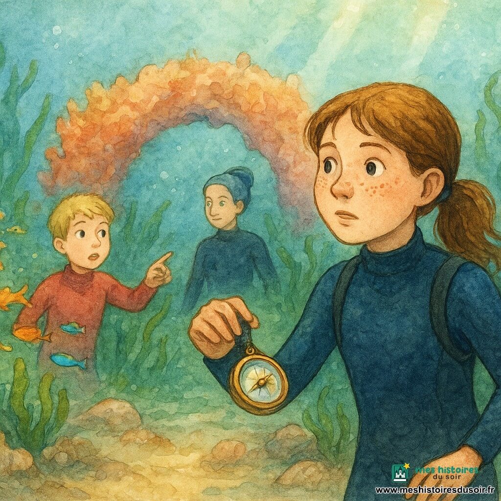 Fille de 12 ans au visage rond et tâches de rousseur, regard curieux et courageux, cheveux châtains en queue de cheval, combinaison de plongée bleu foncé, elle observe une boussole nacrée au poignet qui pointe vers une arche de corail; Inès, monitrice d’environ 35 ans au visage serein et cheveux gris-bleu en chignon, en combinaison noire flotte en retrait et la surveille avec douceur; garçon d’environ 13 ans, cheveux blonds courts, expression étonnée, combinaison rouge, nage à gauche en montrant un banc de petits poissons brillants; fond marin clair avec arche de corail orange et rose au centre, forêt d’algues vert émeraude, rochers couverts de coquillages, rayons de lumière dorée et bulles argentées; la fille s’avance vers l’arche guidée par la boussole scintillante, entourée de poissons multicolores, ambiance magique et paisible avec textures aquarelle granuleuse et couleurs délavées mais lumineuses.