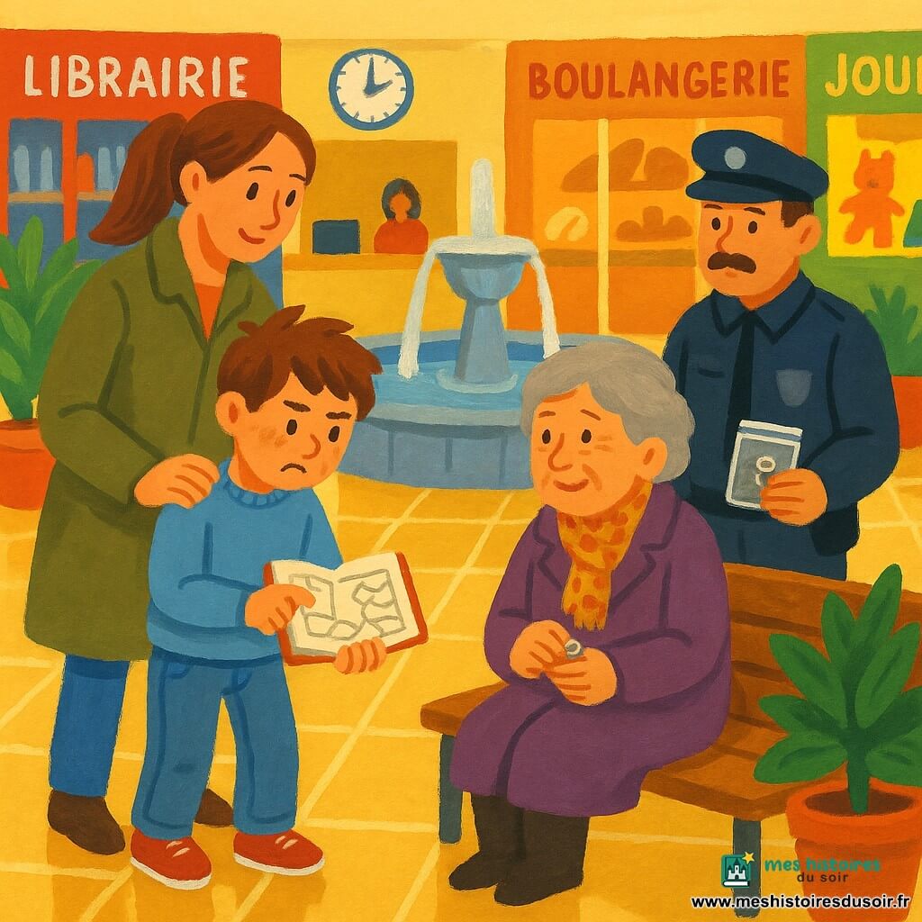 Un garçon de 8 ans au visage rond et cheveux châtain en bataille montre une carte dans un petit carnet à un agent de sécurité moustachu qui tient une pochette contenant une bague ; sa mère souriante, la main sur son épaule, et une dame âgée assise sur un banc, soulagée et tenant la bague, regardent la scène dans une galerie marchande lumineuse avec une grande fontaine centrale, vitrines colorées et lumière chaude, rendu à la gouache aux couleurs douces.