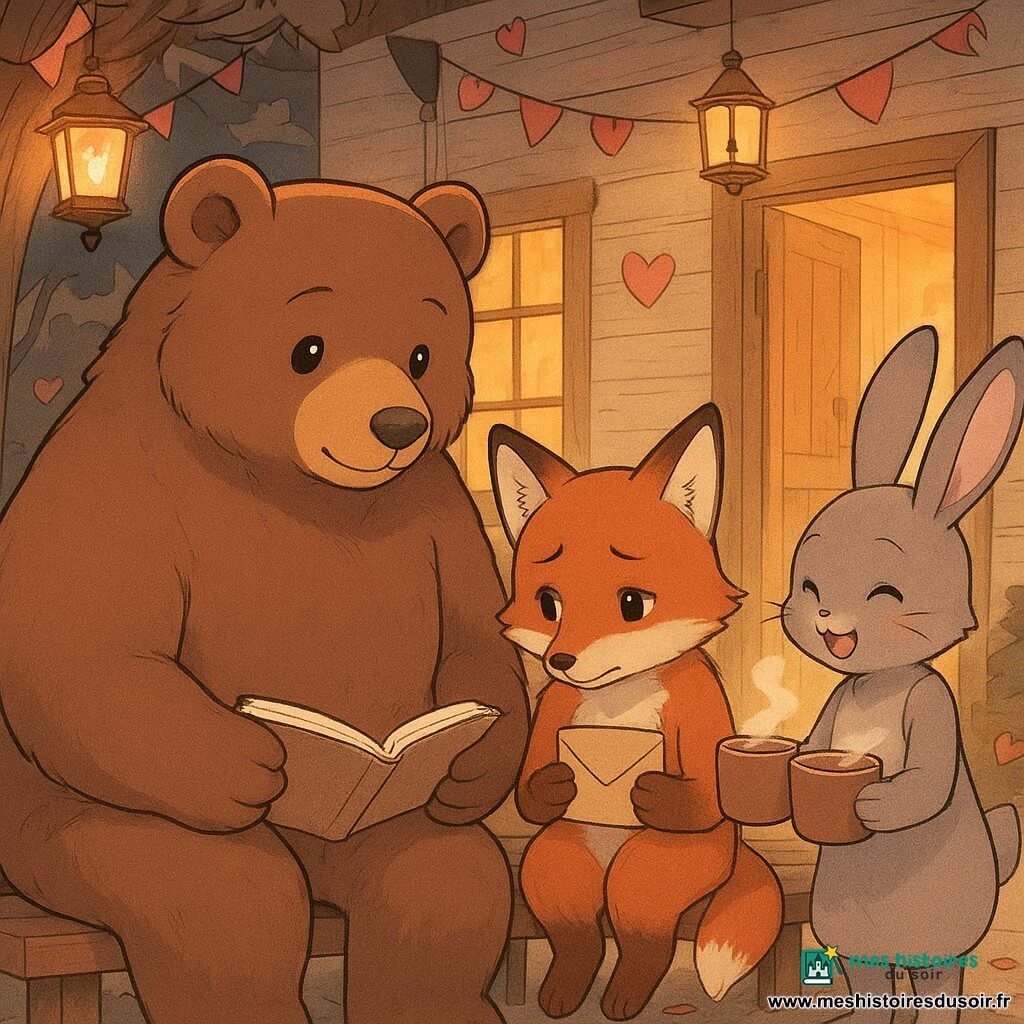 Barnabé, un gros ours brun au pelage doux, assis sur un banc en bois avec un carnet sur les genoux et un confetti en forme de cœur à l’oreille, Marius, un renard roux timide tenant une enveloppe beige, et Lina, une petite lapine grise offrant deux tasses de chocolat fumant, partagent un moment intime et rassurant dans le hall du village peint en crème, éclairé d’une lumière dorée crépusculaire; lanternes, rubans et guirlandes de cœurs décorent la scène aux tons chauds (or, brun, rouge, rose) dans un style manga doux, contours nets et détails mignons.