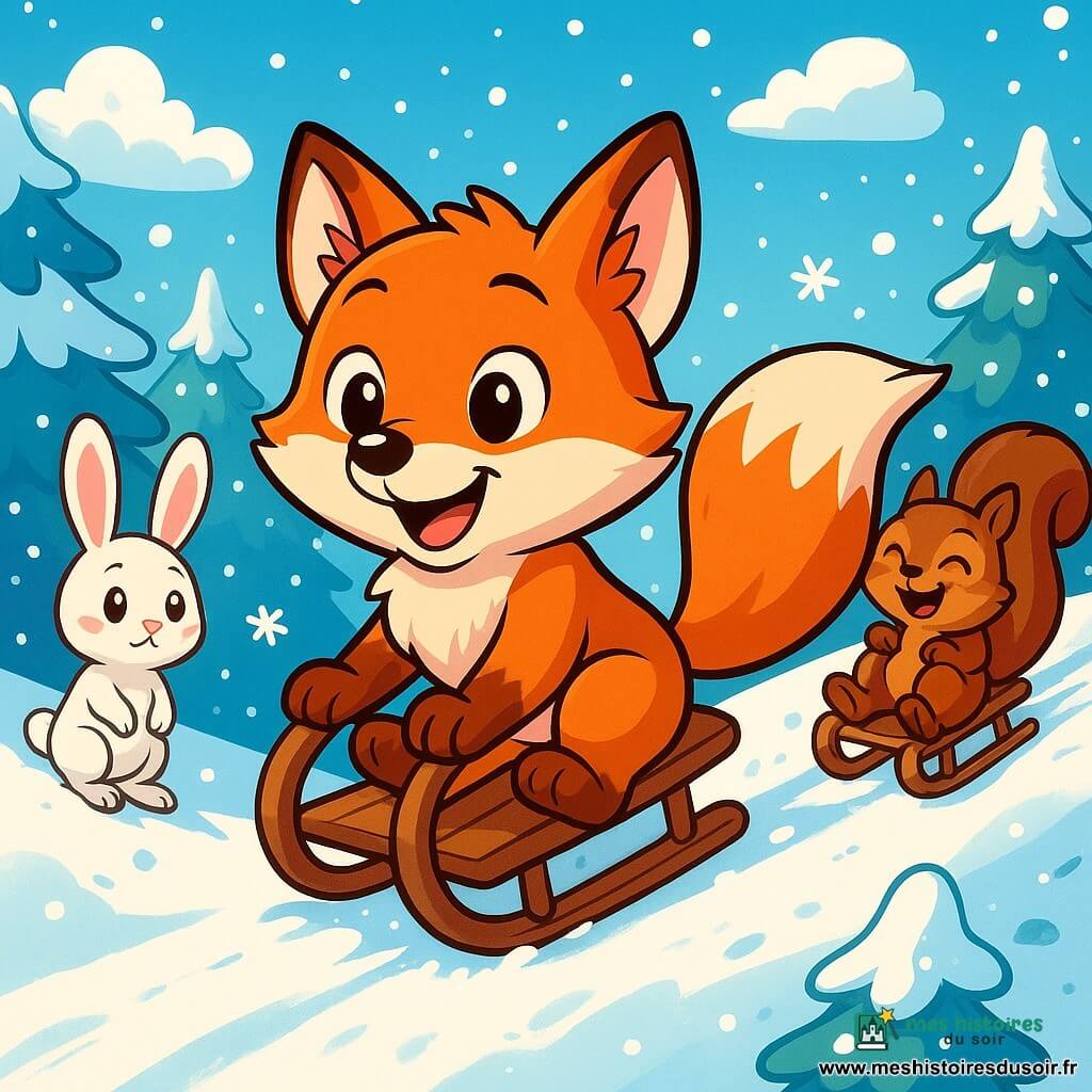 Un jeune renard roux aux yeux curieux glisse joyeusement sur une pente de neige, souriant de bonheur. À ses côtés, une petite lapine blanche observe avec excitation, prête à glisser, tandis que son frère, un écureuil brun, rit en dévalant la pente. La scène se déroule dans une forêt enchantée, avec des arbres couverts de neige et un ciel bleu parsemé de nuages. Le renard et ses amis s'amusent ensemble sur la piste de luge, partageant des rires dans la magie de l'hiver.