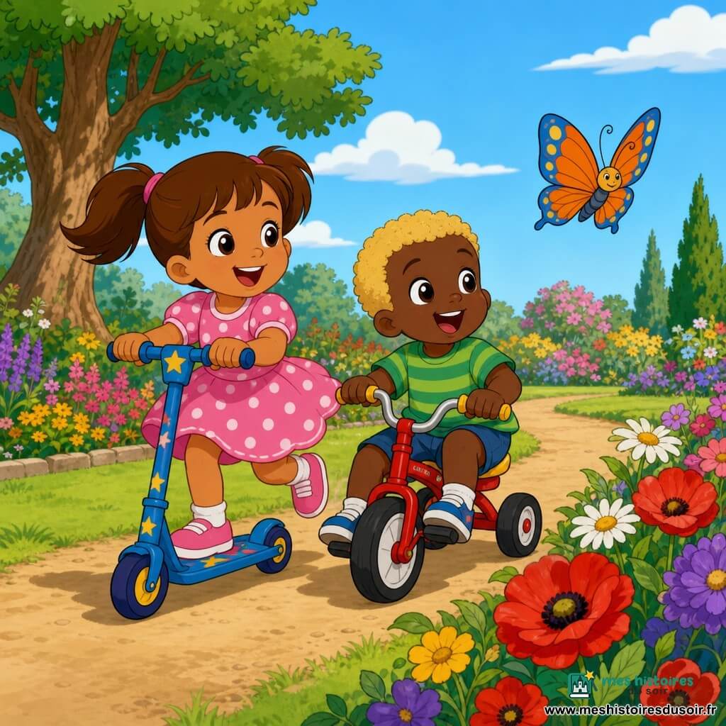 Une fillette de 4 ans malicieuse sourit, cheveux châtains en couettes, robe rose à pois, roule doucement sur une trottinette bleue étoilée; à côté, un garçon de 2 ans blond en t-shirt rayé vert pédale en zigzag sur un petit tricycle rouge; un papillon orange et bleu vole devant eux au-dessus de fleurs dans un grand jardin ensoleillé avec pelouse verte, un grand chêne à gauche et un chemin de terre courbé, ambiance joyeuse aux couleurs vives, style dessin animé années 90.
