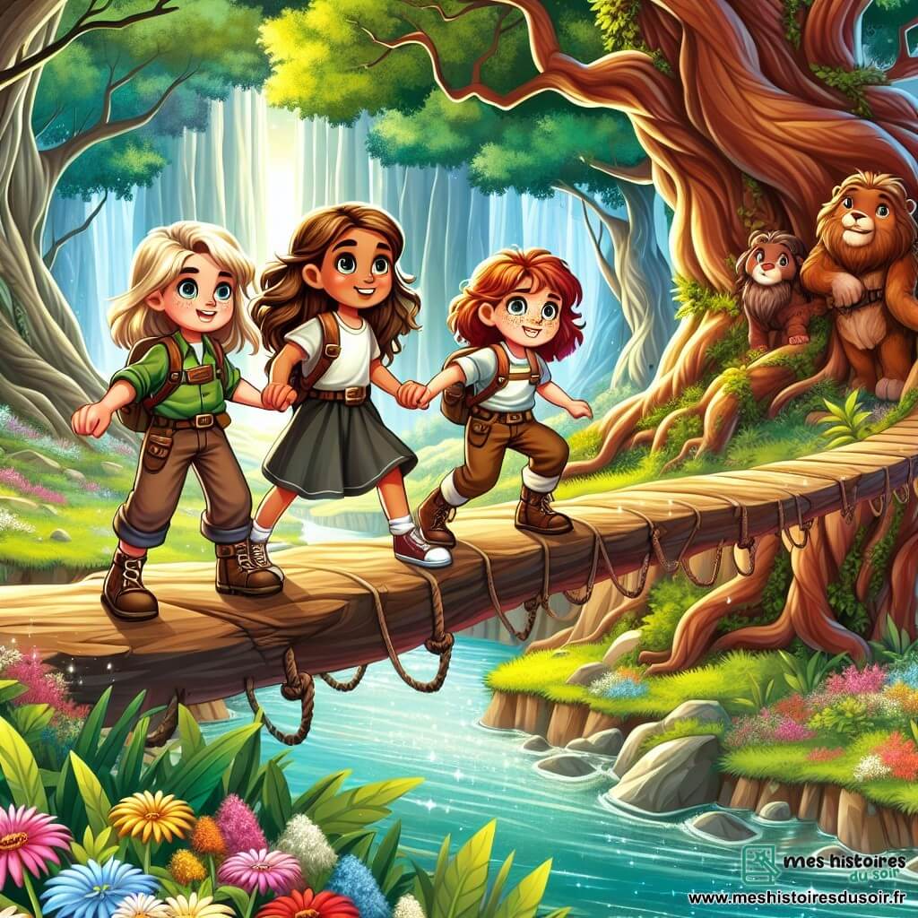 Une fille de neuf ans, avec de longs cheveux blonds et des yeux pétillants, se tient courageusement au bord d'un pont fragile, accompagnée de deux amies : l'une aux cheveux bruns et bouclés, l'autre aux cheveux roux et aux taches de rousseur, émerveillée par le paysage. Elles se trouvent dans une forêt magique, entourées d'arbres gigantesques et de fleurs colorées, tandis qu'un ruisseau serpente à travers les sous-bois. Les trois amies sont prêtes à traverser le pont, unissant leurs forces pour surmonter leur première épreuve dans cette aventure extraordinaire.
