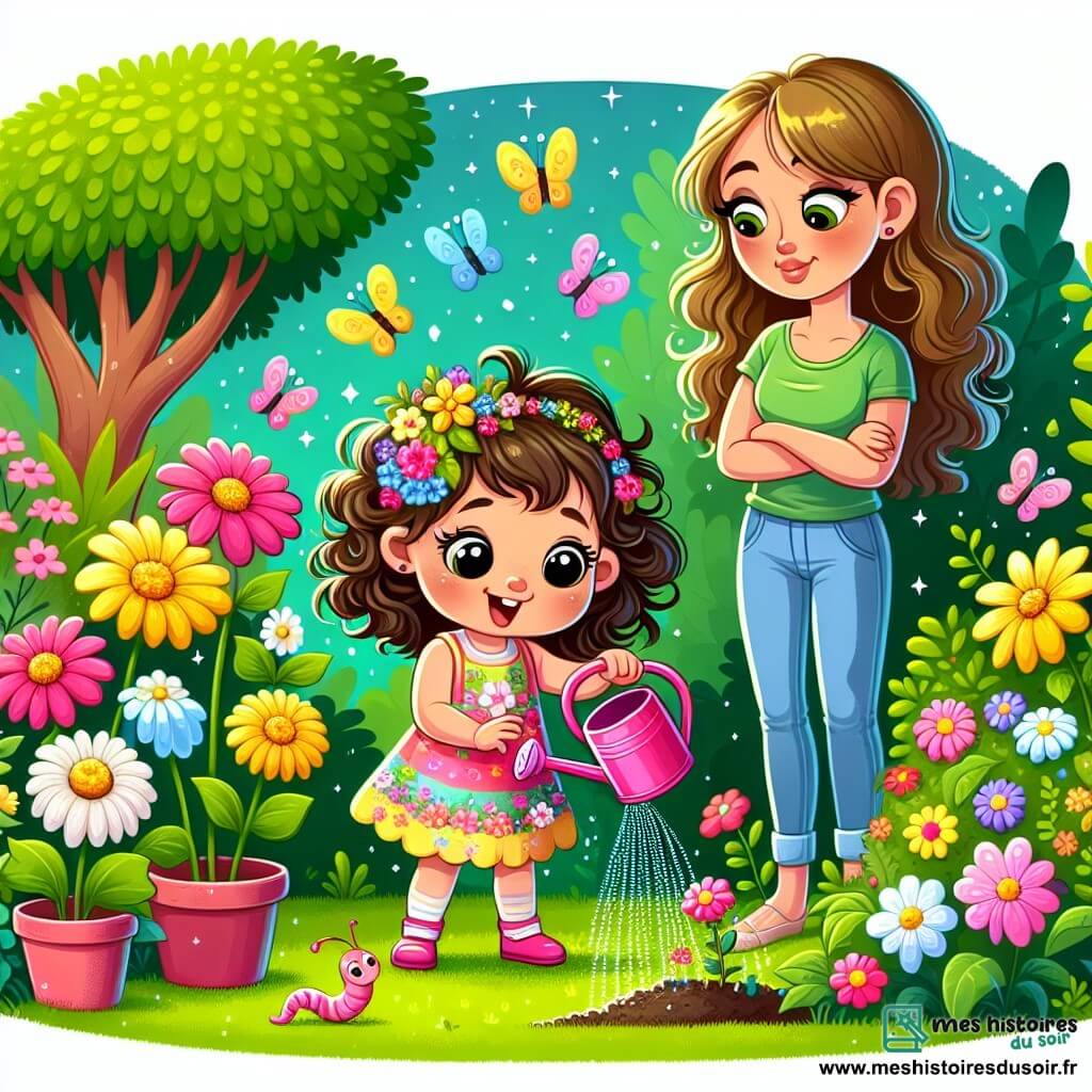 Lila, une petite fille de 2 ans aux grands yeux pétillants et aux cheveux bouclés, porte une robe colorée à fleurs. Elle sourit en arrosant des fleurs dans le jardin avec un arrosoir rose. Sa maman, une femme d'environ 30 ans aux cheveux longs et bruns, vêtue d'un t-shirt vert et d'un jean, l'observe avec tendresse près d'un pot de fleurs. Le jardin est rempli de fleurs éclatantes de couleurs variées et de papillons multicolores. Lila s'amuse à arroser les fleurs, attirée par un petit ver de terre qui émerge du sol et la fait rire.