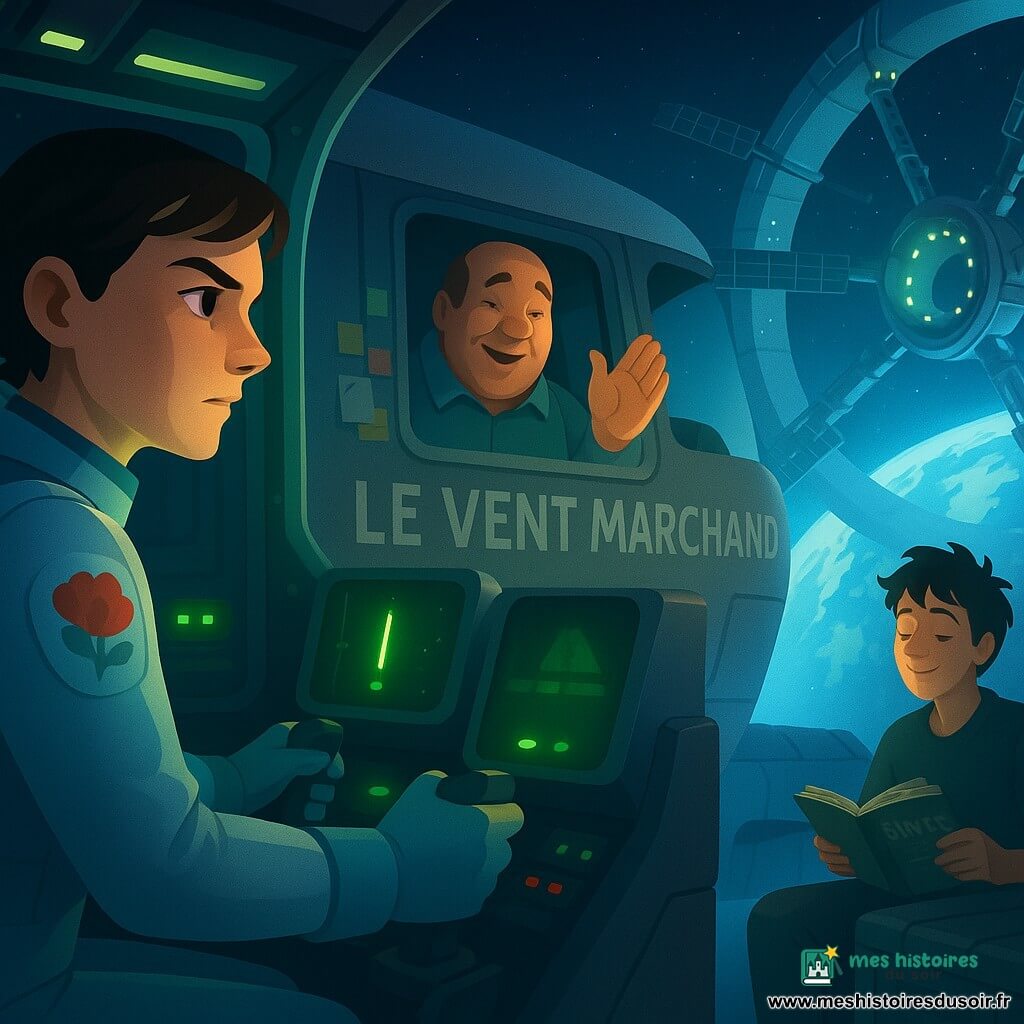 Maëlle, pilote concentrée et sereine aux courts cheveux bruns et au regard déterminé, en combinaison spatiale bleu pâle avec un patch en églantine, est assise dans un petit cockpit métallique, mains sur les commandes, fixant des écrans lumineux; à travers une fenêtre du grand cargo gris Le Vent Marchand, le capitaine Joran, corpulent et chaleureux d’environ 45 ans, sourit et fait un geste de soulagement à bâbord près d’un tableau de bord chargé d’étiquettes colorées; à l’arrière, le second d’environ 22 ans, cheveux ébouriffés et encore somnolent, tient un manuel de sécurité ouvert assis près d’un conteneur marqué Semences; en toile de fond, la station anneau argenté Aurore‑7 avec bras robotiques, panneaux solaires bleus et fenêtres vertes éclaire une Terre détaillée, des micro‑débris forment une nuée lointaine; la manœuvre d’arrimage est calme et précise, Maëlle guidant le cargo le long d’un couloir d’ombre tandis que des lumières d’amarrage vertes s’alignent et que des bips fins retentissent, l’atmosphère est coopérative et douce; palette de bleus profonds, gris métalliques, verts lumineux et jaune chaud, formes arrondies, style aux lignes nettes, dégradés lisses et textures subtiles, expression douce et lisible pour enfants.
