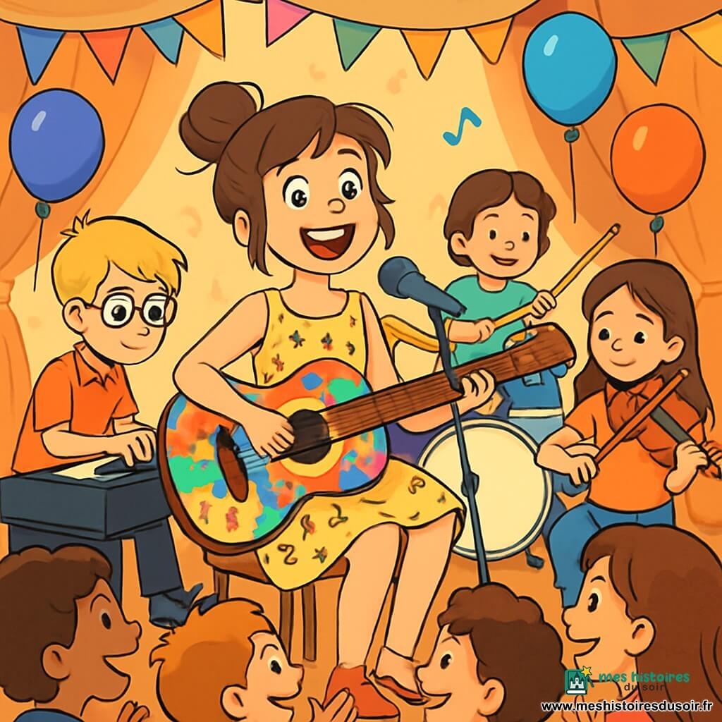 Nina, une jeune femme aux cheveux bruns en chignon désordonné, sourit avec enthousiasme, sa guitare multicolore sur les genoux. Elle porte une robe légère ornée de notes de musique, et ses yeux pétillants brillent de joie alors qu'elle chante sur scène. À côté d'elle, Hugo, un garçon de 12 ans aux cheveux blonds et lunettes rondes, joue du piano avec concentration. Clément, 11 ans aux cheveux bouclés, bat joyeusement sur sa batterie, tandis que Léa, 10 ans aux cheveux longs, fait chanter son violon avec grâce. La scène se déroule dans une salle des fêtes illuminée, décorée de guirlandes et de ballons, où le public applaudit avec enthousiasme. Nina et ses amis donnent leur premier concert ensemble, partageant des mélodies joyeuses, remplissant l'air de musique et de rires, tandis que les enfants dans le public chantent en chœur.