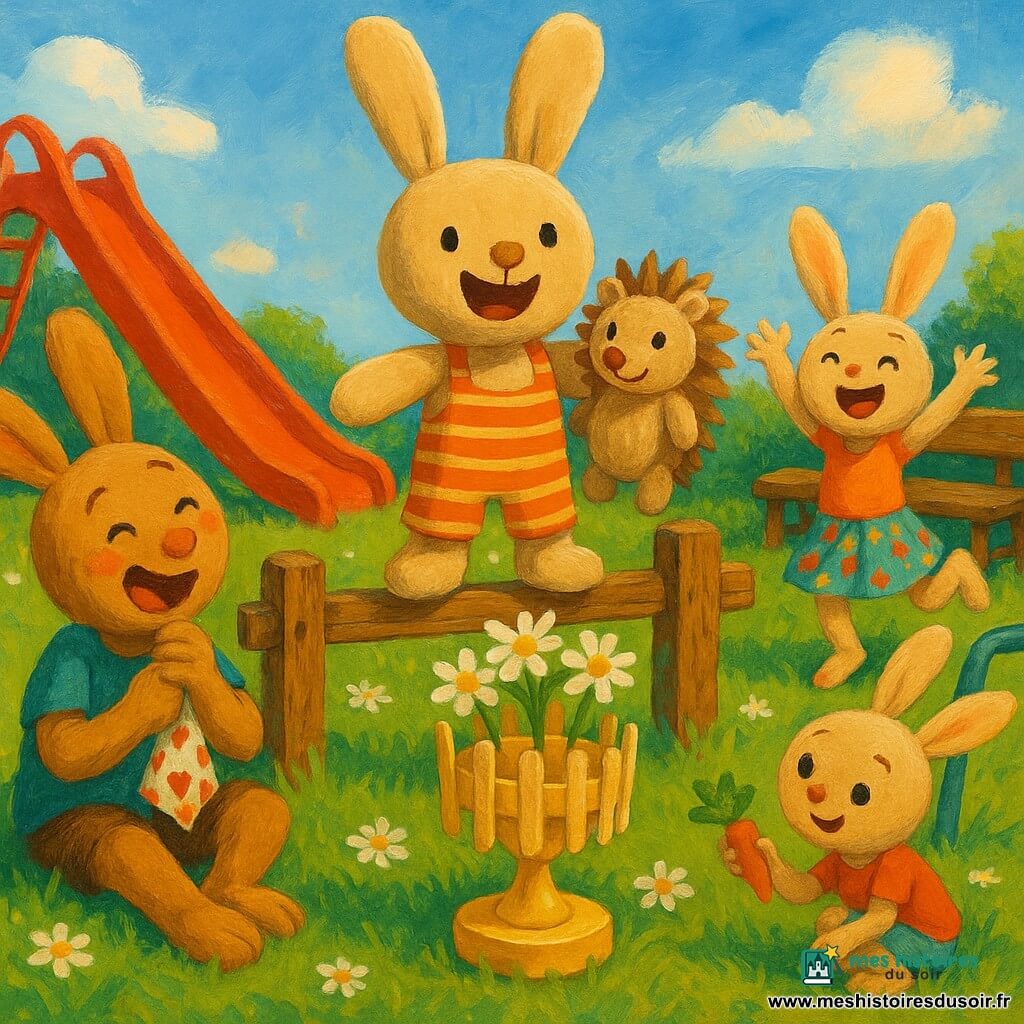 Léo, un petit lapin en peluche vivant, joyeux et fier, est debout sur une barrière en bois tenant Croquepatte, un hérisson en peluche beige et marron au regard calme; à gauche Malo, grand frère taquin en tee-shirt bleu tenant un mouchoir à cœurs, à droite Nina, sœur en jupe colorée en train de danser, et Mia, petite sœur accroupie montrant une petite carotte en tissu; le parc en fin d’après-midi présente herbe ponctuée de pâquerettes, un toboggan rouge et un vieux banc, au centre un trophée bricolé (boîte de fromage décorée), ambiance joyeuse et colorée avec coups de pinceau et textures épaisses d’acrylique.