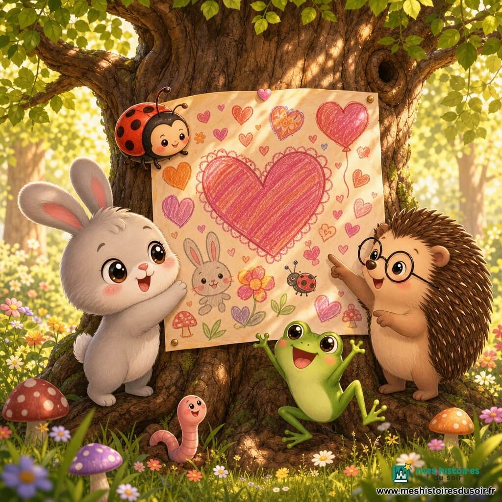 Pompom, petit lapin chibi gris clair au visage rond et yeux brillants, joyeux et fier, tient une grande affiche colorée pleine de cœurs et de dessins devant un tronc d'arbre; Mireille, petite coccinelle rouge à pois noirs, sourit en se perchant sur le bord de l'affiche en regardant Pompom; Iggy, hérisson brun aux piquants doux et petites lunettes rondes, rit et pointe un dessin sur l'affiche à côté de Pompom; Lili, grenouille verte aux longues pattes, saute de joie près du pied de l'arbre avec un large sourire; un ver de terre rose pâle, timide, se glisse près des racines en regardant l'affiche avec fierté. La scène se déroule dans une clairière ensoleillée à l'herbe verte parsemée de fleurs sauvages et de champignons colorés, avec un grand chêne au tronc noueux et une lumière dorée projetant des ombres de feuilles. Les amis de la forêt accrochent et admirent une grande affiche de Saint‑Valentin remplie de dessins, cœurs et mots gentils; ambiance chaleureuse, expressions tendres et complices. Palette de couleurs : pastels chauds (rose, pêche, vert menthe, jaune doux), contours fins et arrondis, textures douces, style très kawaii, haute résolution, composition centrée et lisible pour une couverture d'album jeunesse.