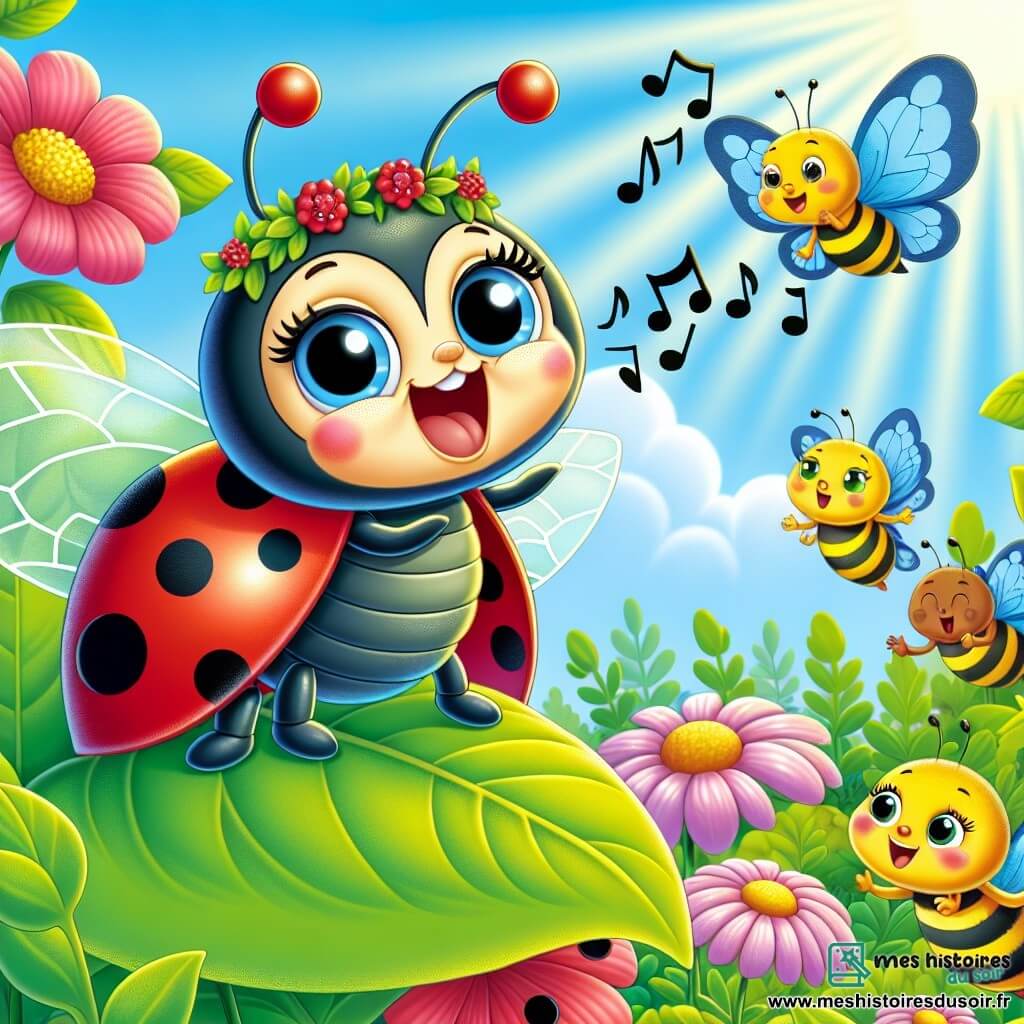 Une coccinelle nommée Lila, avec des ailes rouges et des taches noires, se tient sur une feuille verte, les yeux brillants et un sourire large. Elle chante joyeusement, ses ailes légèrement déployées. À côté, un papillon aux ailes jaunes et bleues l'encourage en battant des ailes, perché sur une fleur rose. Un groupe d'abeilles, souriantes, les entoure, captivées par la voix de Lila. Le jardin est luxuriant, rempli de fleurs multicolores et d'un ciel bleu éclatant, créant une ambiance chaleureuse. Lila chante avec passion lors d'un concours de chant, entourée de ses amis insectes qui l'écoutent avec admiration.