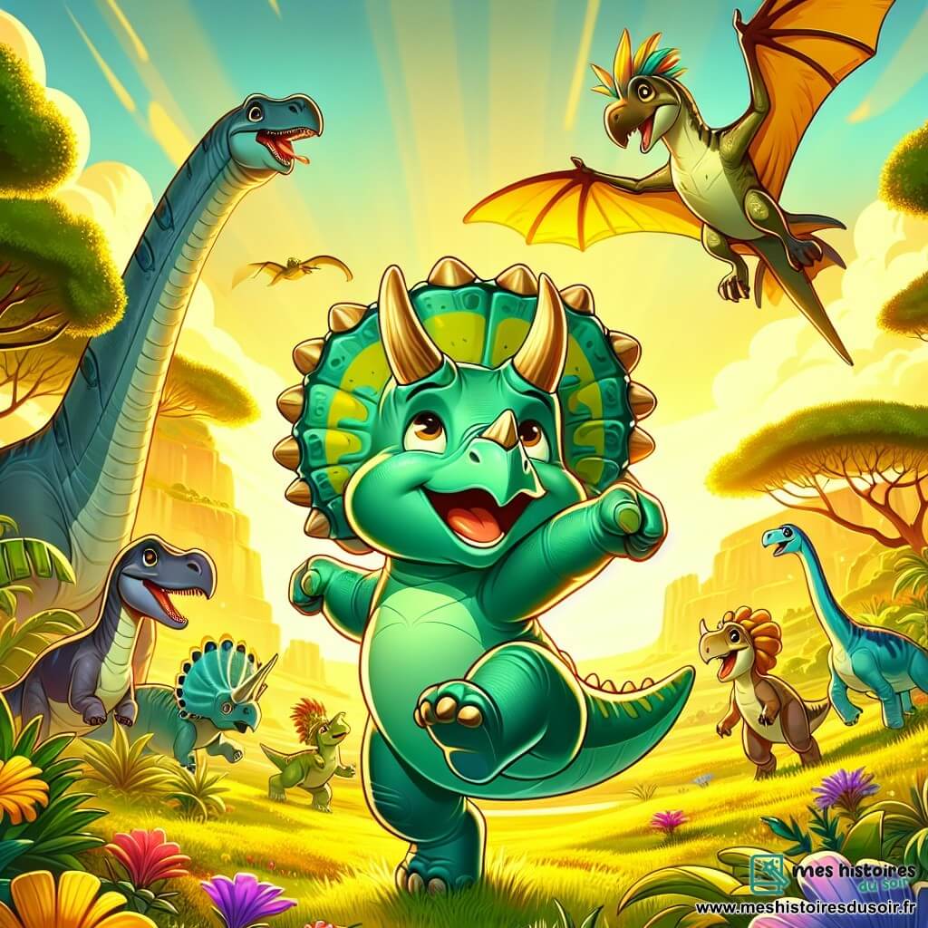 Un jeune tricératops nommé Trico, à la peau verte et aux trois cornes, se tient au centre de la scène avec détermination et joie, prêt à participer à un tournoi. À ses côtés, Doris, un diplodocus bleu ciel, l'encourage avec un sourire, tandis que Polo, un ptéranodon aux ailes déployées et plumage jaune vif, vole au-dessus d'eux en poussant des cris d'excitation. La scène se déroule dans une vallée verdoyante, avec des fleurs géantes et des arbres majestueux, où des dinosaures se rassemblent autour d'un terrain, créant une atmosphère festive. Trico est prêt à relever des défis avec ses amis, entouré de rires et d'encouragements.
