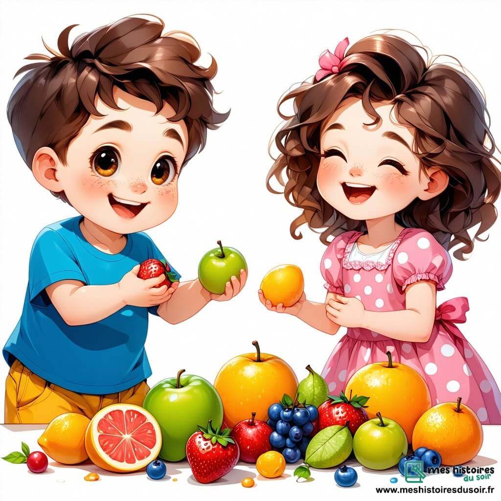 Léo, un petit garçon de 1 an aux grands yeux pétillants et cheveux bruns en bataille, sourit en jouant avec des fruits en plastique sur une table. Il porte un t-shirt bleu et un pantalon jaune. À côté de lui, Sofia, une petite fille de 1 an avec des cheveux bouclés et une robe rose à pois, rit en tenant une pomme en plastique. La scène se déroule dans une salle de classe colorée, avec des murs jaunes et des dessins d'animaux. Léo et Sofia s'amusent à jouer à la marchande, échangeant des fruits en plastique et partageant un moment de joie et d'amitié.