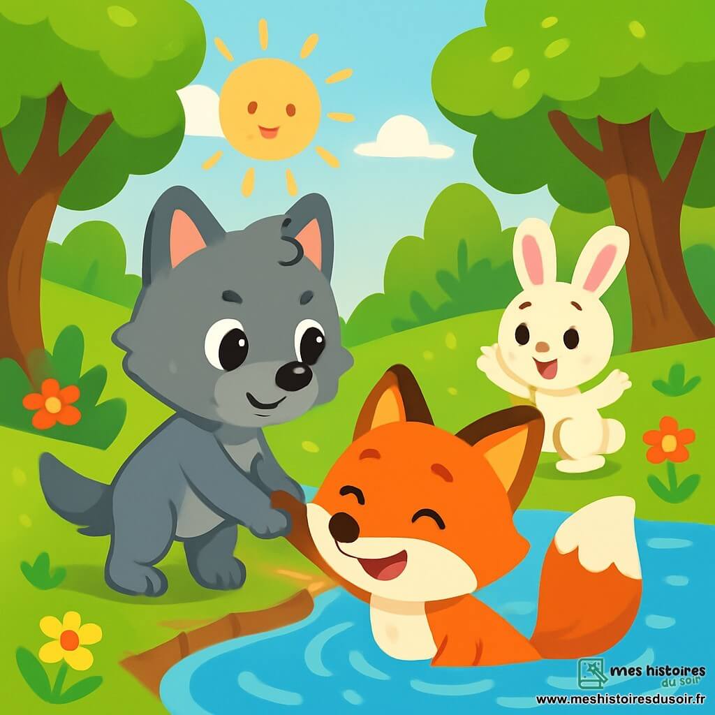 Léo, un petit loup au pelage gris et aux yeux curieux, se tient au bord d'une rivière scintillante, déterminé à aider son ami Max le renard, qui sort de l'eau avec un sourire. Nina la lapine, aux grandes oreilles blanches, l'encourage avec une expression d'inquiétude devenue joie. La scène se déroule dans une forêt verdoyante, baignée de lumière dorée. Léo est prêt à sauver Max, illustrant l'esprit d'équipe et l'amitié face aux défis.