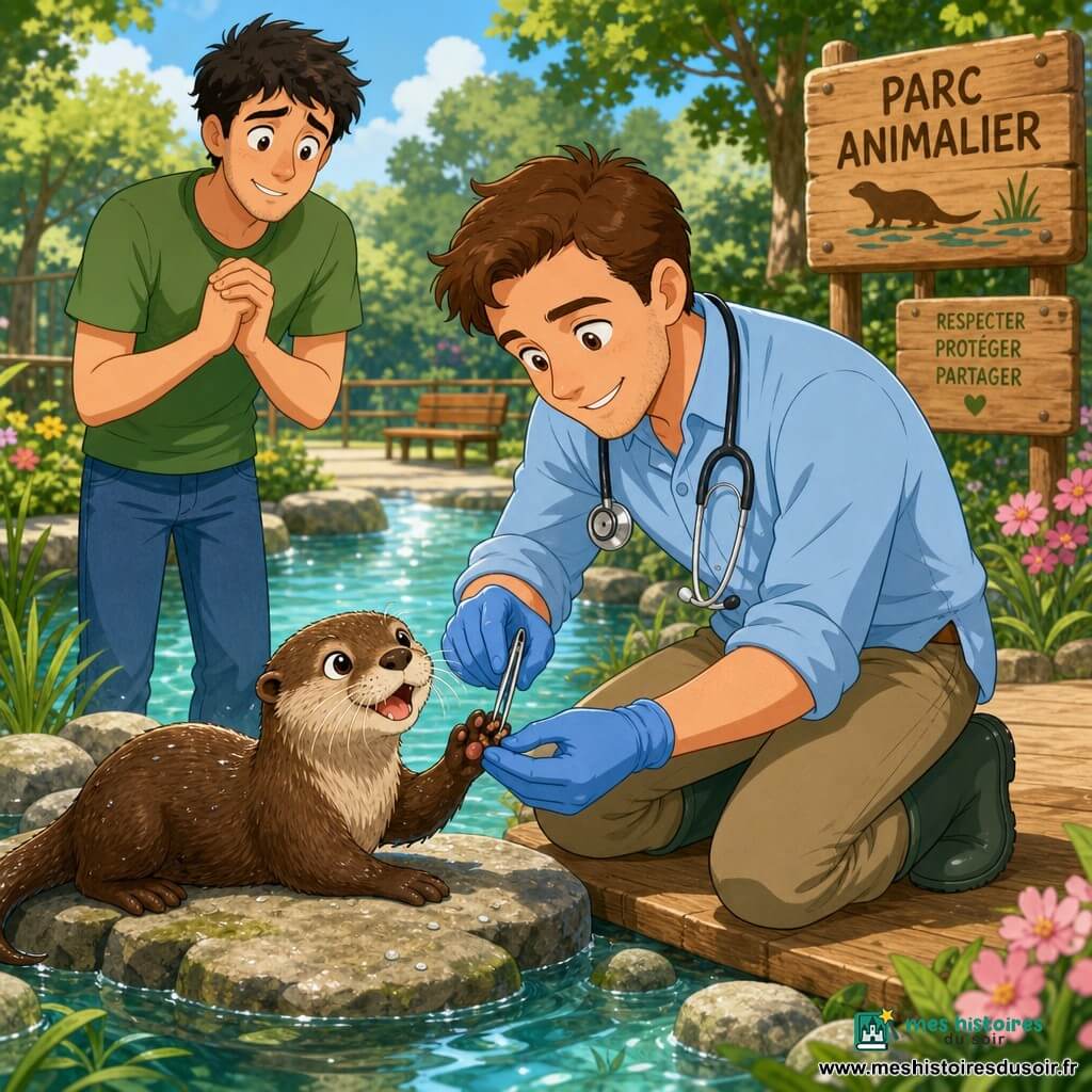 Martin, ~35 ans, agenouillé sur une planche au bord d’un bassin, blouse bleu clair, stéthoscope et gants, retire délicatement un petit caillou dans la patte de Noisette, une petite loutre brune allongée sur une pierre, tandis que Lucas, gardien d’environ 28 ans, cheveux noirs en bataille, t-shirt vert et jean, se tient en retrait à gauche, inquiet mais soulagé, dans un parc animalier chaleureux à bassin turquoise, pierres lisses, passerelle en bois et plantes, le soleil doux faisant scintiller les gouttes d’eau.