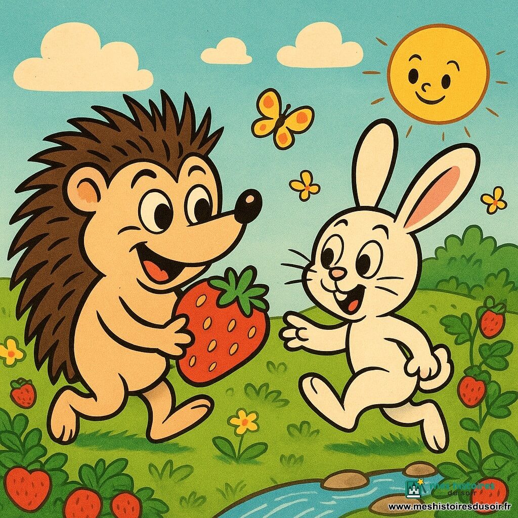 Un hérisson malicieux et joyeux aux yeux ronds, piquants stylisés noirs et marron et pelage clair autour du museau, tenant une grosse fraise rouge et souriant; à droite en arrière-plan, un lapin blanc nommé Gaston, enthousiaste et naïf, grandes oreilles souples, yeux étonnés, sautillant en tendant la patte vers une fraise; autour d’eux, une colline de fraisiers avec herbe verte texturée, fleurs jaunes et papillons, fruits rouges brillants et feuilles vert foncé; ciel bleu pastel avec soleil jaune et nuages moelleux; un petit ruisseau scintillant au premier plan avec pierres lisses; couleurs vives, lignes souples, formes arrondies, atmosphère chaleureuse de complicité et de gourmandise.