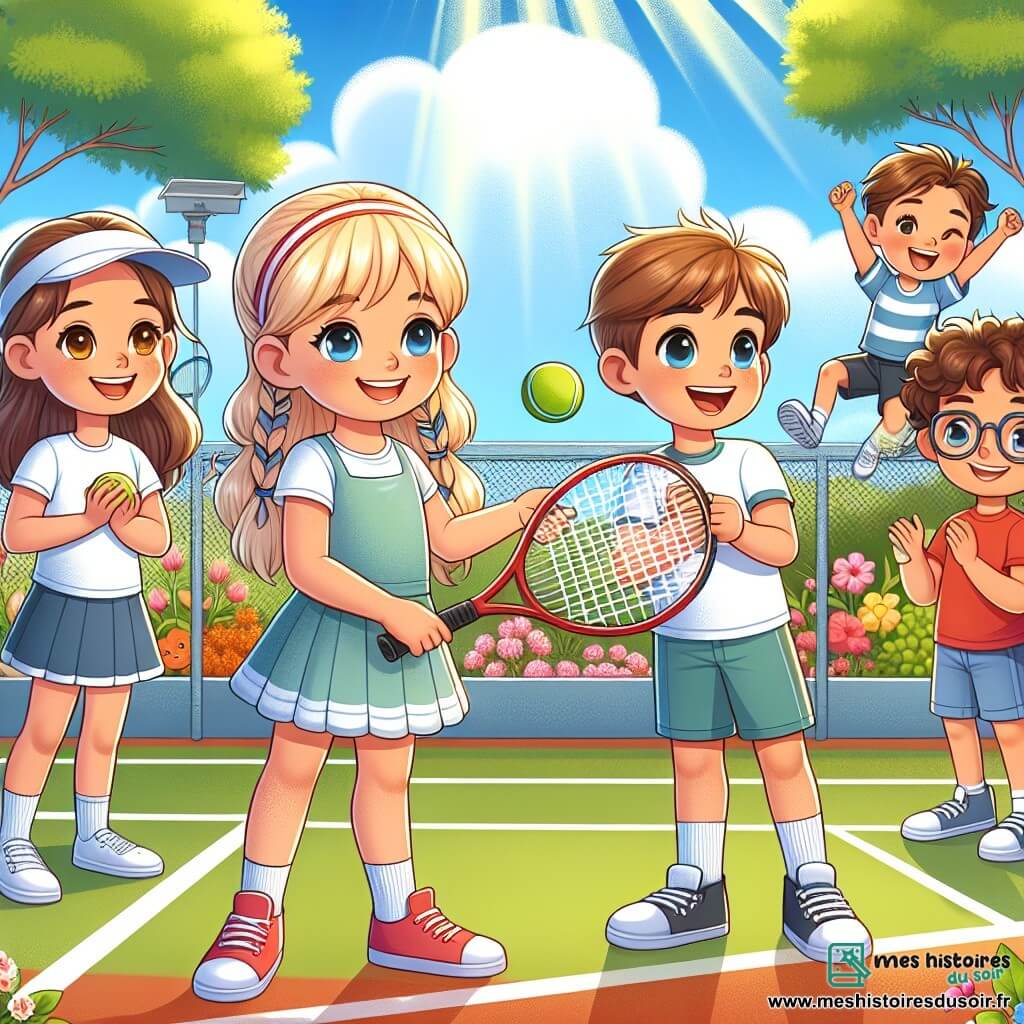 Dans un club de tennis ensoleillé, quatre enfants s'amusent sur un court. Léa, 10 ans, avec des cheveux blonds et des nattes, est prête à frapper une balle avec sa raquette rouge. À ses côtés, Mia, 9 ans, nouvelle élève avec de longs cheveux bruns et une raquette trop grande, regarde déterminée. Tom, 10 ans, avec des lunettes et des cheveux châtains, applaudit ses amis, tandis que Lucas, 9 ans, avec des cheveux bouclés et un t-shirt bleu, saute de joie après avoir marqué un point. Le court est entouré de verdure et de fleurs colorées, sous un ciel bleu et ensoleillé. Léa et Mia s'entraînent ensemble, avec Léa expliquant à Mia comment frapper la balle, tandis que Tom et Lucas les encouragent. L'image reflète l'esprit d'équipe et l'amitié, avec des sourires sur leurs visages.