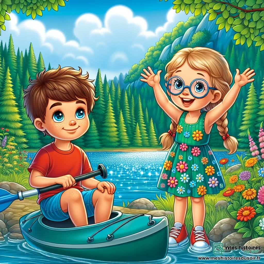 Tom, un garçon de 8 ans aux cheveux bruns en bataille et aux yeux pétillants, porte un t-shirt rouge et un short bleu. Clara, une fille de 8 ans avec de longs cheveux blonds tressés et des lunettes rondes, est vêtue d'une robe à fleurs colorées. Tom est assis sur un rocher au bord d'un lac, tenant une pagaie de kayak, tandis que Clara, souriante, lève les bras en l'air, prête à plonger. Le lac est entouré d'arbres verts et de fleurs sauvages colorées, sous un ciel bleu avec quelques nuages. Tom et Clara, excités, s'apprêtent à faire du kayak pour la première fois, entourés de leurs amis qui les encouragent.