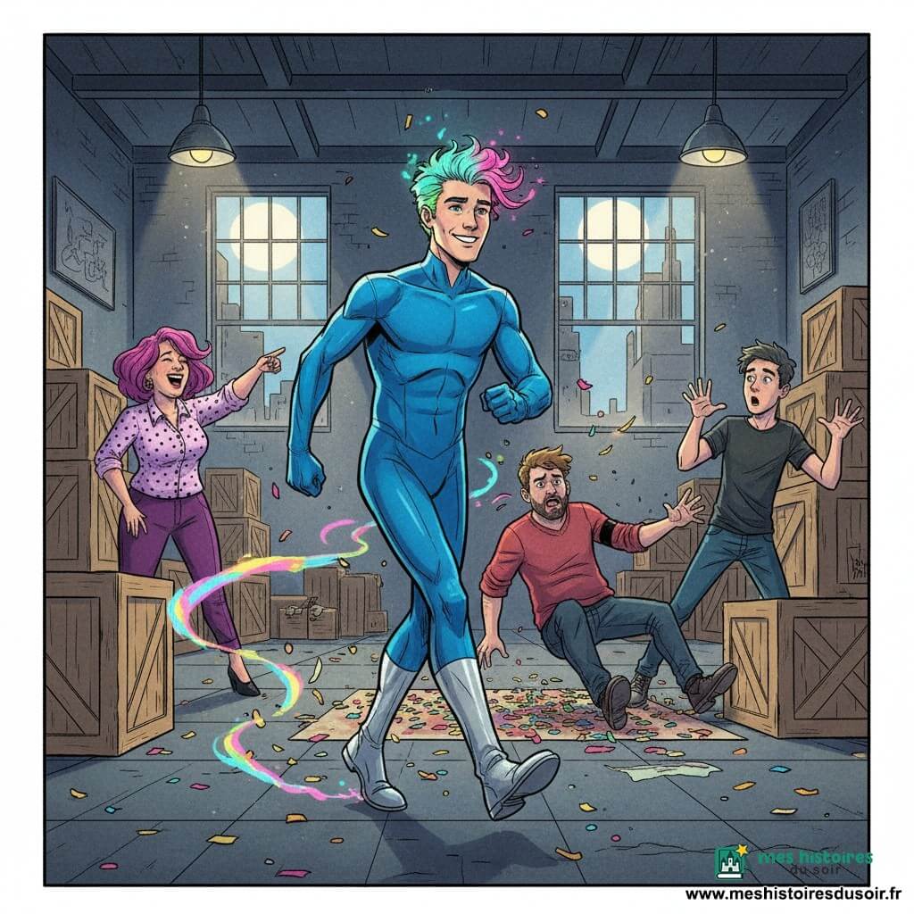 Léo, souriant et concentré, cheveux néon turquoise et rose en mèches, costume bleu électrique et bottes argentées, avance sur la pointe des pieds comme s'il flottait entre des caisses. À gauche en arrière-plan, une vendeuse quarantaine cheveux tourbillon violet et blouse à pois rit et pointe vers la sortie. À droite, un jeune bandit d'environ 20 ans, brassard noir, visage surpris, recule près d'une pile de caisses; au centre, un autre bandit plus grand trébuche sur un tapis de confettis, bouche ouverte. Lieu : grand entrepôt urbain semi-obscur avec lampes industrielles, fenêtres hautes laissant passer des rayons de lune et quelques confettis dorés flottants. Ambiance comique et dynamique, forts contrastes d'encre noire et taches de couleurs vives.