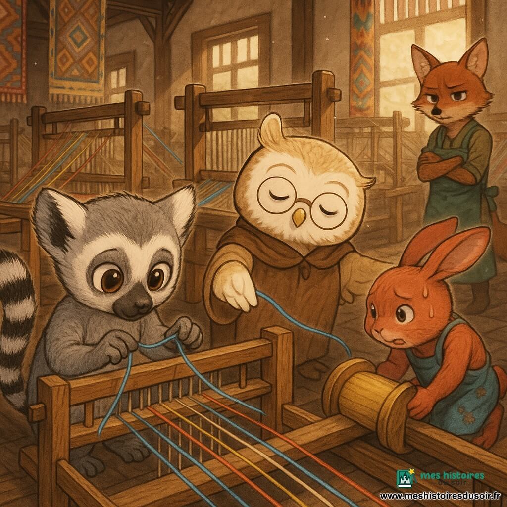 Lino, un petit lémurien rayé au regard doux, tient délicatement un fil bleu qu'il passe entre deux barres d'un métier à tisser pendant qu'une chouette ronde en lunettes et un lapin tisserand roux en tablier l'aident, un renard observe au fond ; l'atelier en bois sombre, baigné d'une lumière chaude, est rempli de métiers, fils multicolores et tapis pendus, un rouleau de fil d'or partiellement coincé ajoute une touche magique à cette réparation minutieuse d'un fil chantant, le style évoque un manga doux aux couleurs chaudes, textures laine et bois détaillées et expressions enfantines.