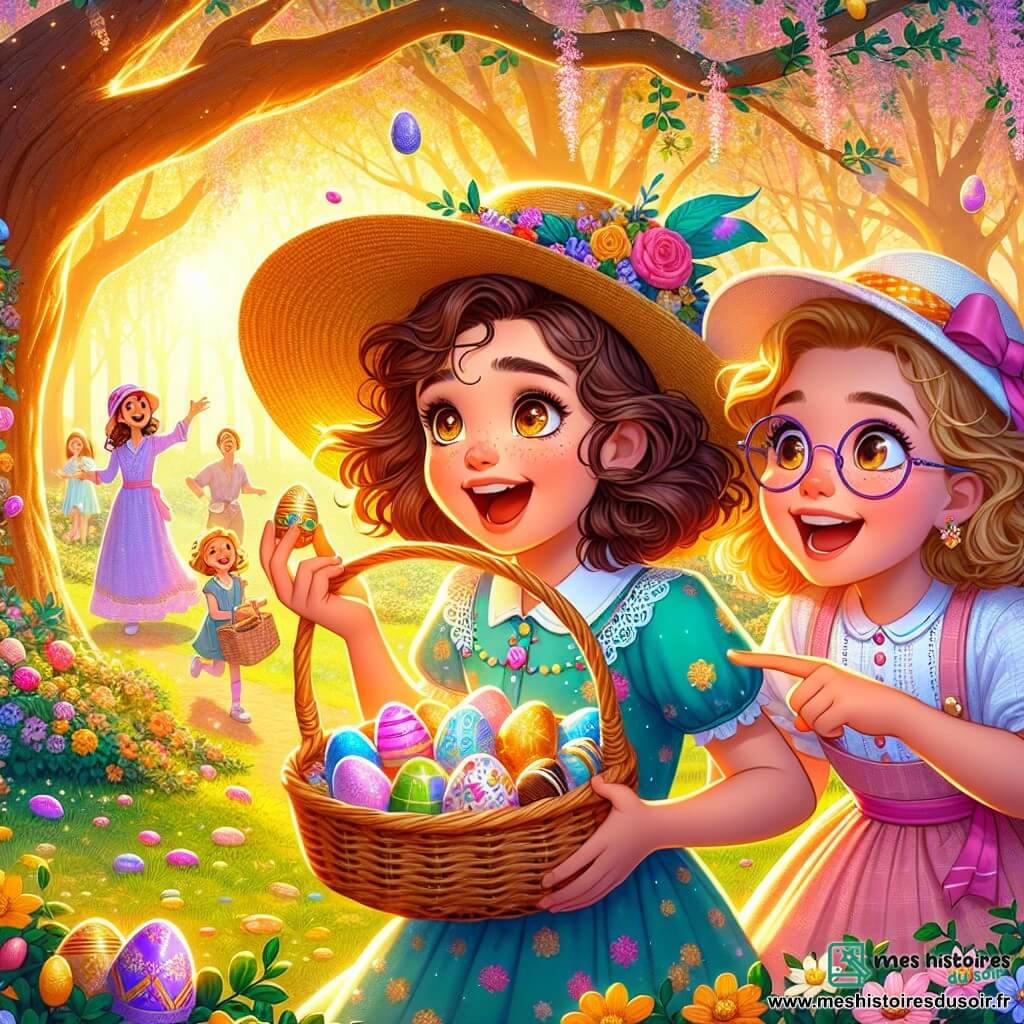 Claire, une fille de 12 ans aux boucles brunes et aux yeux curieux, se tient au centre de l'image avec un chapeau de paille orné de rubans. Elle tient un panier en osier rempli d'œufs en chocolat, son visage rayonnant d'excitation. À ses côtés, sa meilleure amie Léa, également 12 ans, avec des cheveux blonds et des lunettes rondes, sourit en montrant un œuf caché sous un buisson fleuri. Le décor est un parc lumineux avec des arbres décorés de fleurs et des enfants jouant au loin. Claire et Léa découvrent un œuf mystérieux sous un vieux chêne, dans une atmosphère magique évoquant l'esprit joyeux de Pâques.