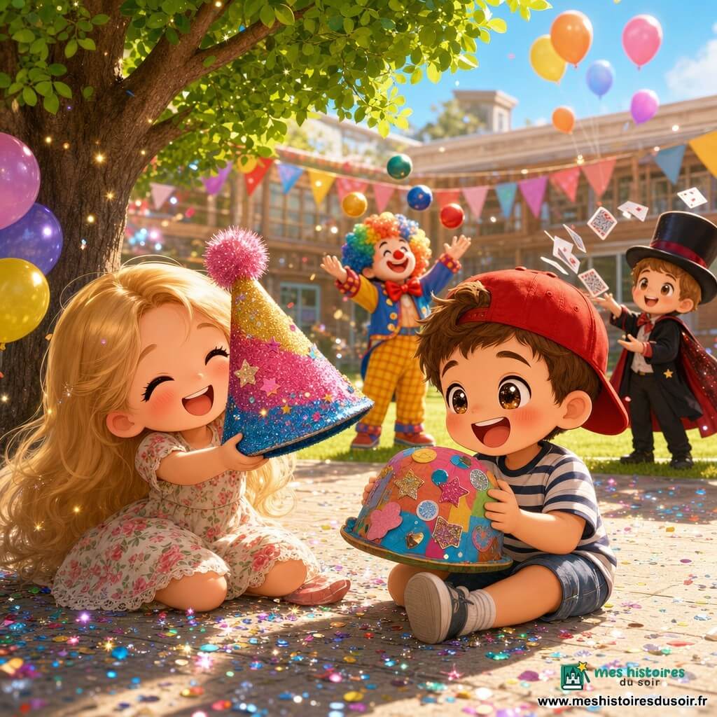 Deux enfants de 5 ans assis sous un grand arbre dans une cour d'école ensoleillée : Anna, une fillette aux longs cheveux blonds et joues roses, porte une robe à fleurs et montre en souriant un chapeau pailleté ; Tom, un garçon aux cheveux châtains courts et casquette rouge, tient un autre chapeau coloré couvert d'autocollants et rit. Sol pavé clair, pelouse en arrière-plan, guirlandes et ballons, confettis et paillettes au sol ; ambiance de fête matinale avec lumière chaude, décor flou où un clown jongle et un petit magicien fait voler des cartes.
