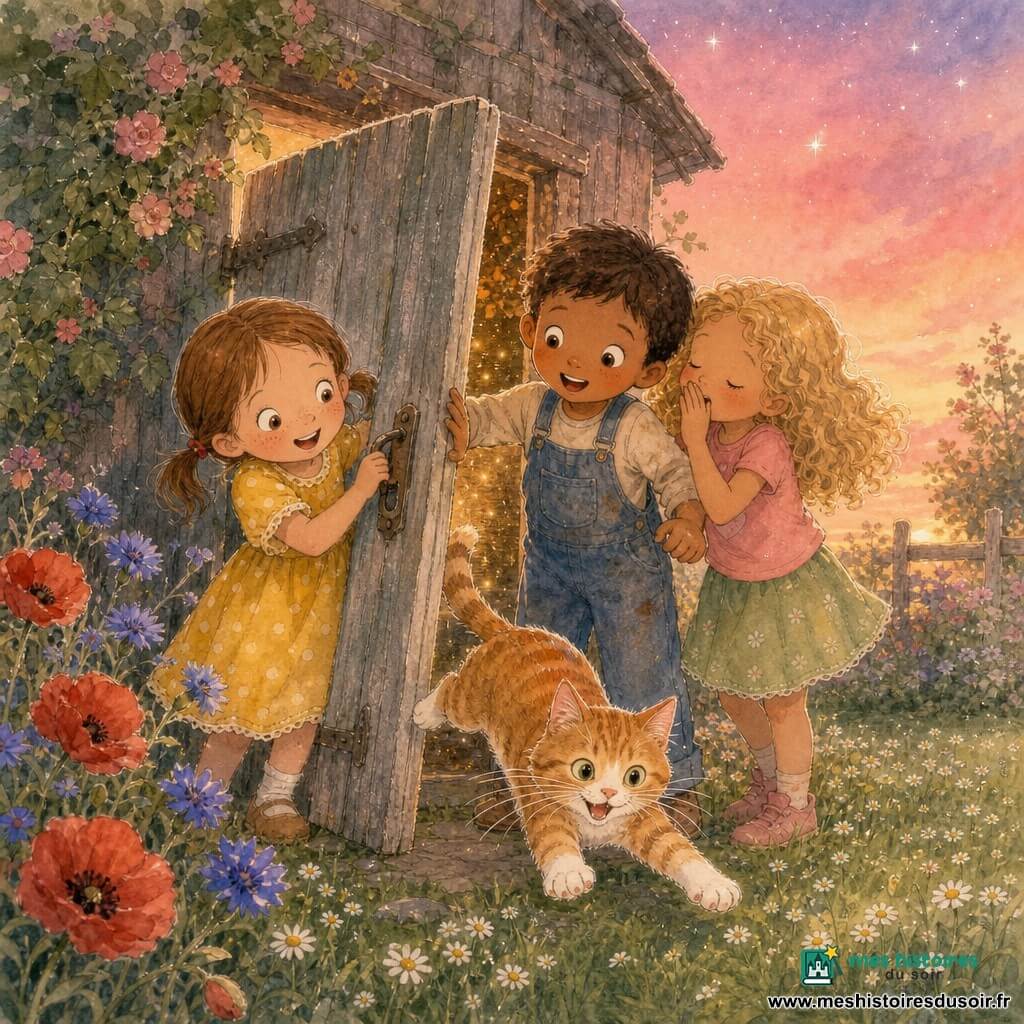 Dans un grand jardin de grand-mère au crépuscule, trois enfants d'environ six ans découvrent une vieille porte en bois posée contre une grange: Lisa, cheveux bruns en couettes, robe jaune à pois, tient la poignée à gauche; Tom, cheveux châtains courts en salopette bleue, pousse la porte au centre; Zoé, blonde bouclée en t-shirt rose et jupe verte, chuchote les yeux fermés à droite de Tom. Au premier plan, Minou, chat mâle tigré roux et blanc, bondit depuis la porte vers les enfants, les surprenant entre rires et gestes vifs; l'herbe est parsemée de pâquerettes, des massifs de coquelicots et bleuets entourent la scène sous un ciel rose-orangé où quelques étoiles apparaissent.