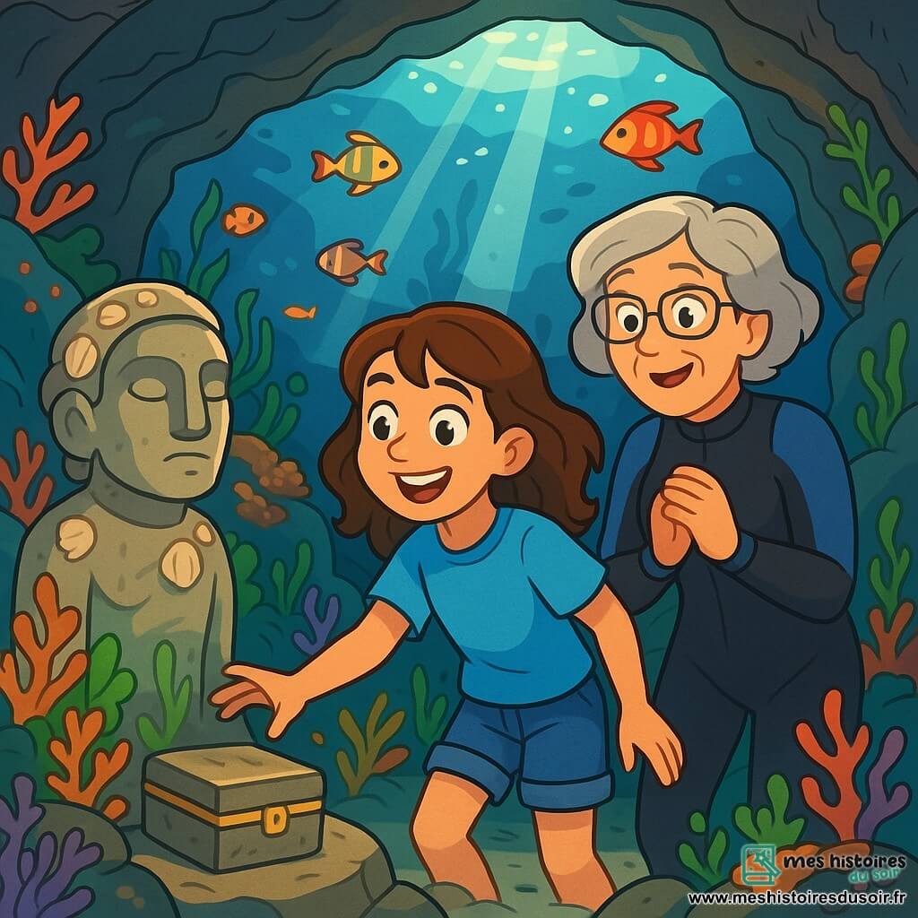 Une fille de 12 ans, Océane, aux cheveux châtains ondulés, porte un t-shirt bleu et un short en jean. Elle a des yeux pétillants et un large sourire, montrant son excitation en explorant une caverne sous-marine. À ses côtés, sa grand-mère, dans la soixantaine, porte une combinaison de plongée et observe la caverne avec émerveillement. L'endroit est mystérieux, avec des parois rocheuses recouvertes de coraux colorés et des algues flottant dans l'eau claire. Des rayons de lumière illuminent des poissons multicolores. Océane découvre une statue en pierre ancienne, recouverte de coquillages, et une boîte en métal scintillante à ses pieds. Elle tend la main vers la boîte, excitée, tandis que sa grand-mère l'encourage.