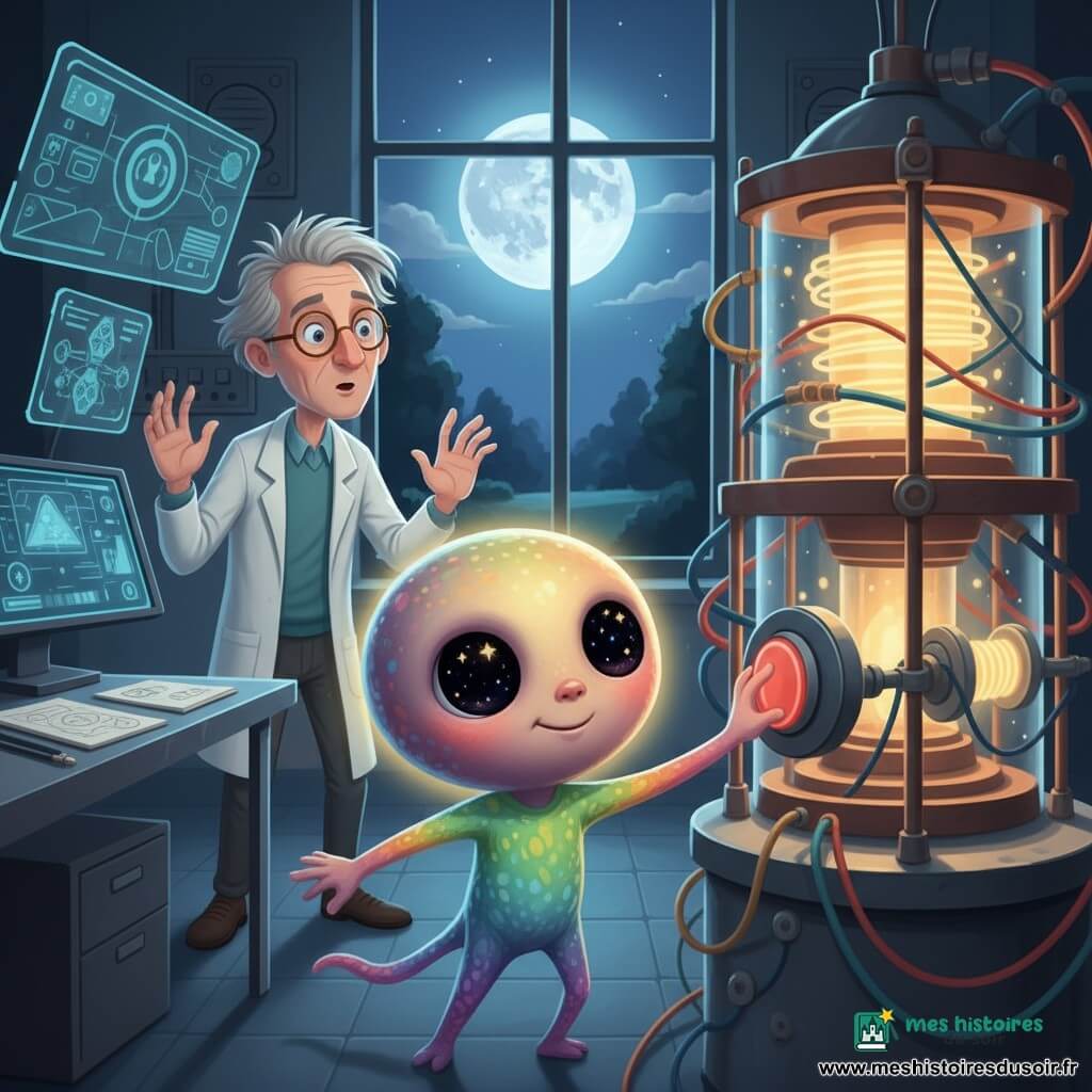 Jeune Zog aux tentacules iridescents et grands yeux étoilés, visage rond et sourire timide, appuie courageusement sur un bouton pour désactiver une machine à manipuler le temps ; en retrait, le Dr Lurian, scientifique humain d’âge moyen aux cheveux grisonnants et lunettes rondes, les mains levées, le regarde, dans un laboratoire nocturne avec fenêtre sur un parc lunaire, table métallique couverte de croquis, écrans holographiques bleuâtres, câbles et bobines lumineuses entourant une machine en verre et cuivre émettant un halo doré, lumière chaude de l’appareil contre lumière froide de la lune, atmosphère de confrontation calme et émerveillée.