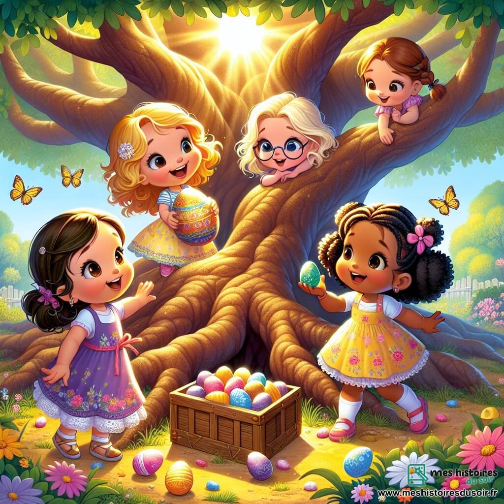 Dans un jardin ensoleillé, quatre petites filles se rassemblent autour d'un grand chêne. Lila, 8 ans, tient un œuf brillant, Émilie, 7 ans, l'observe avec émerveillement, Chloé, 6 ans, pointe un coffret en bois caché, et Zoé, 8 ans, a un panier rempli d'œufs colorés. Le jardin est joyeux, rempli de fleurs et de papillons, avec des rires d'enfants et l'odeur de gâteaux de Pâques. Les filles découvrent un œuf doré mystérieux, symbole d'une aventure magique, tout en partageant des rires sous le chêne.