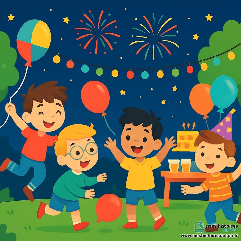 Quatre enfants célèbrent le Nouvel An dans un jardin décoré. Léo, 7 ans, a des cheveux bruns en bataille et porte un t-shirt rouge, il saute de joie avec un ballon coloré. Tom, 6 ans, blond avec des lunettes rondes, court après un ballon rouge. Max, 7 ans, châtain avec un chapeau de fête, danse en souriant. Hugo, 6 ans, noir avec des yeux pétillants, lève les bras au centre. Le jardin est orné de guirlandes scintillantes, de ballons et d'une table de gâteaux. Les enfants s'amusent, entourés de voisins joyeux, dans une ambiance festive illuminée par des feux d'artifice.